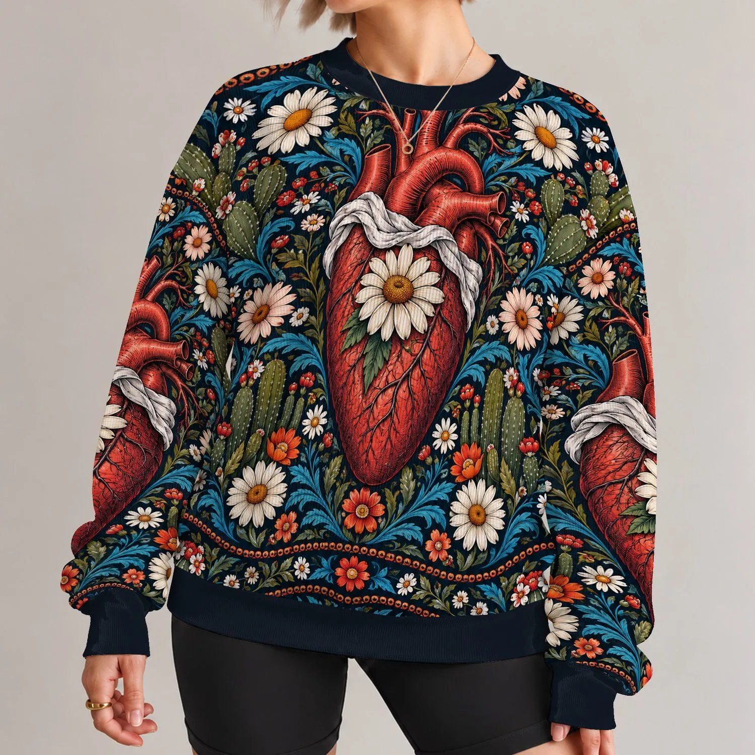 Floral Sacred Heart and Desert Botanicals for Reflective Everyday Style and Gifts for Her All-over Print Knitted Sweater - 1