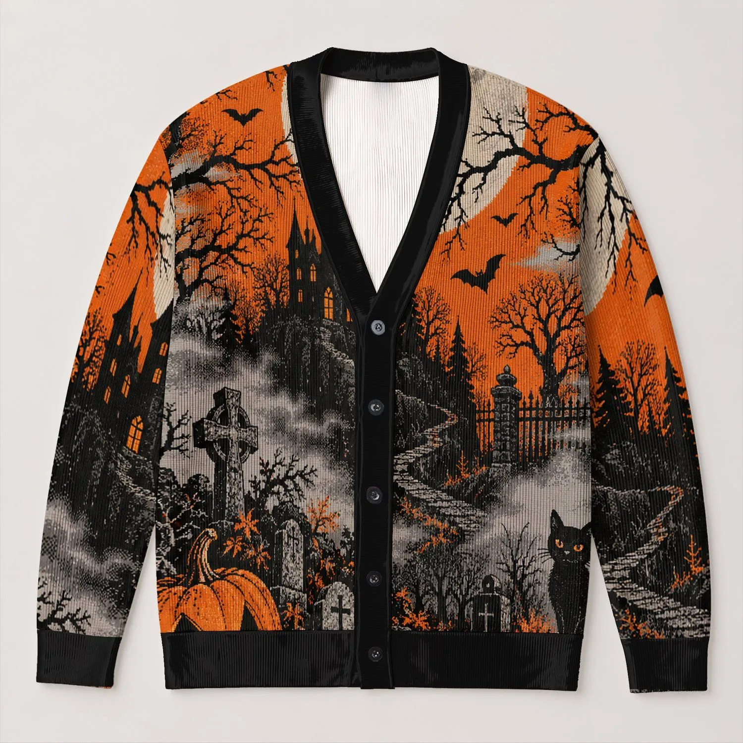 Halloween Moon Bats and Black Cat Scene for Spooky Autumn Celebrations All-over Print Knitted Cardigan - 1