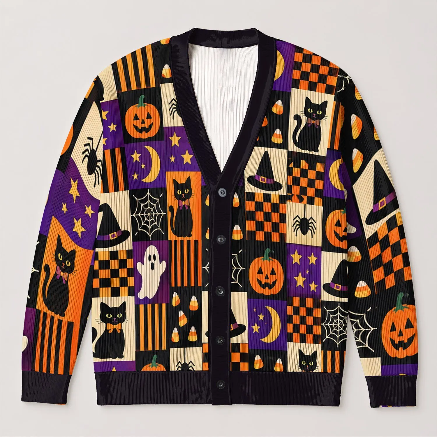 Retro Halloween Patchwork with Black Cats and Pumpkins for Cozy Autumn Festivities All-over Print Knitted Cardigan - 1