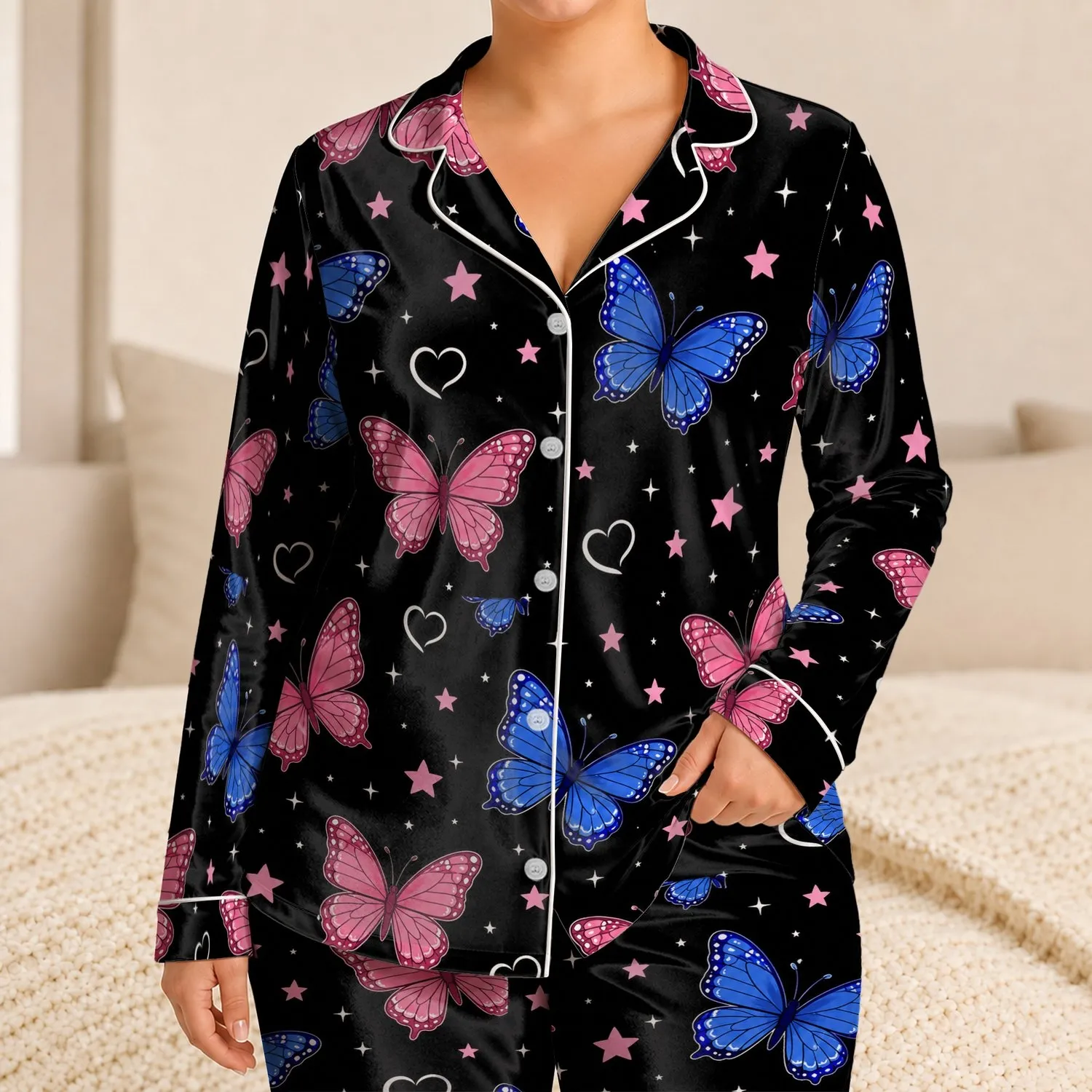 Black Butterfly and Star Bedtime Set for Cozy Nights, Everyday Gift for Women and Teens Satin Pajamas Set - 1