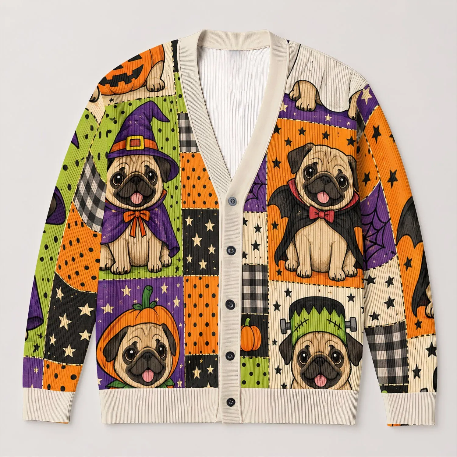 Six Spooky Pug Halloween Scenes for Festive Autumn Layering and Dog Lover Gifts All-over Print Knitted Cardigan - 1