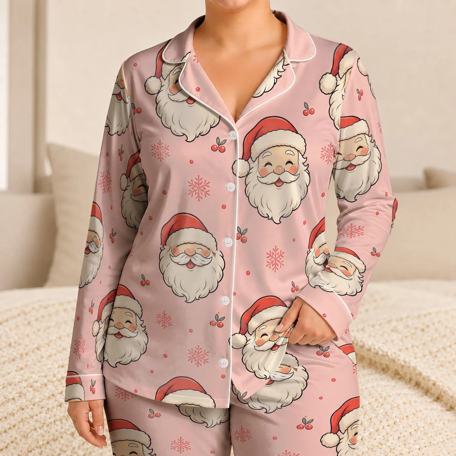 Blush Pink Santa Face Motif for Cozy Christmas Nights and Holiday Gifting At Home Satin Pajamas Set - 1