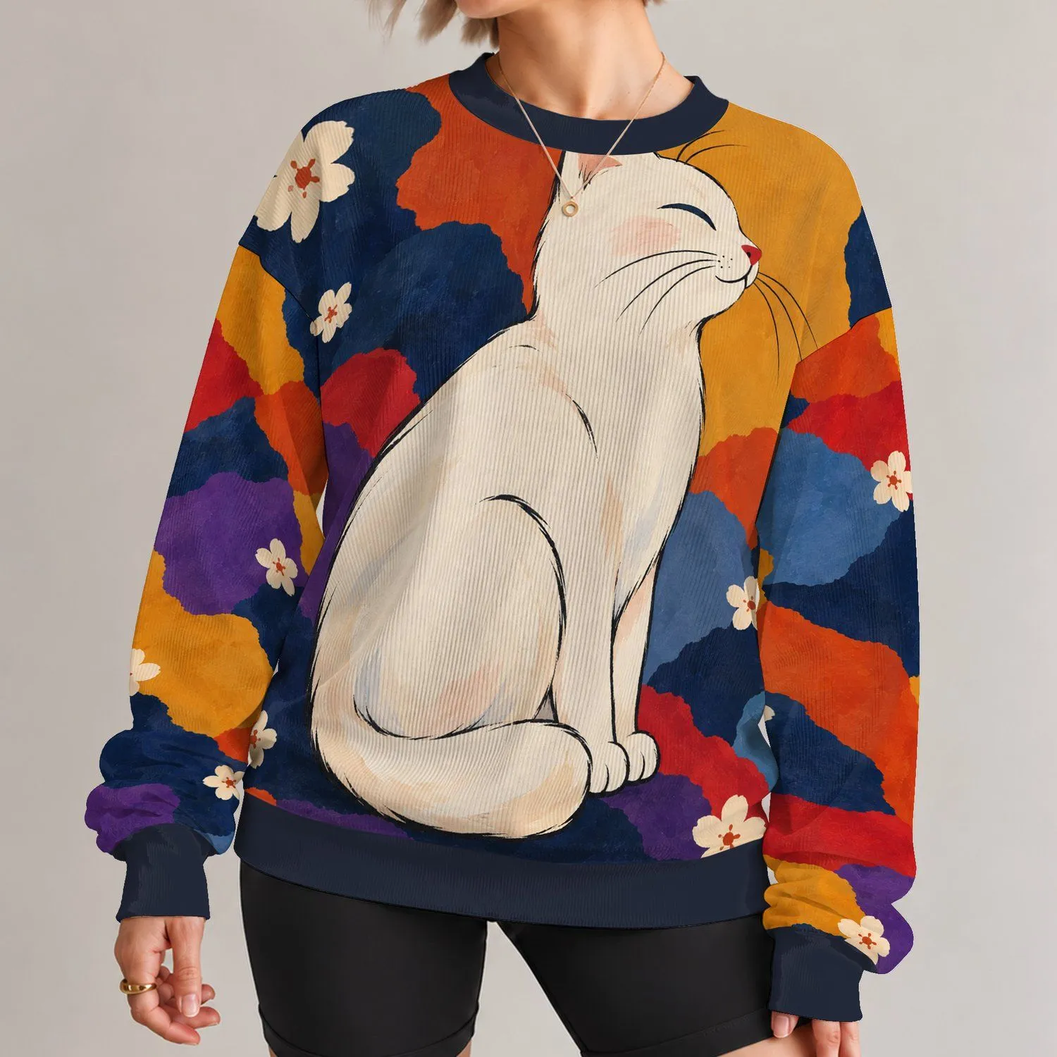 White Cat and Tiny Blossoms for Cozy Days, Relaxed Weekends, Gifts for Cat Lovers All-over Print Knitted Sweater - 1