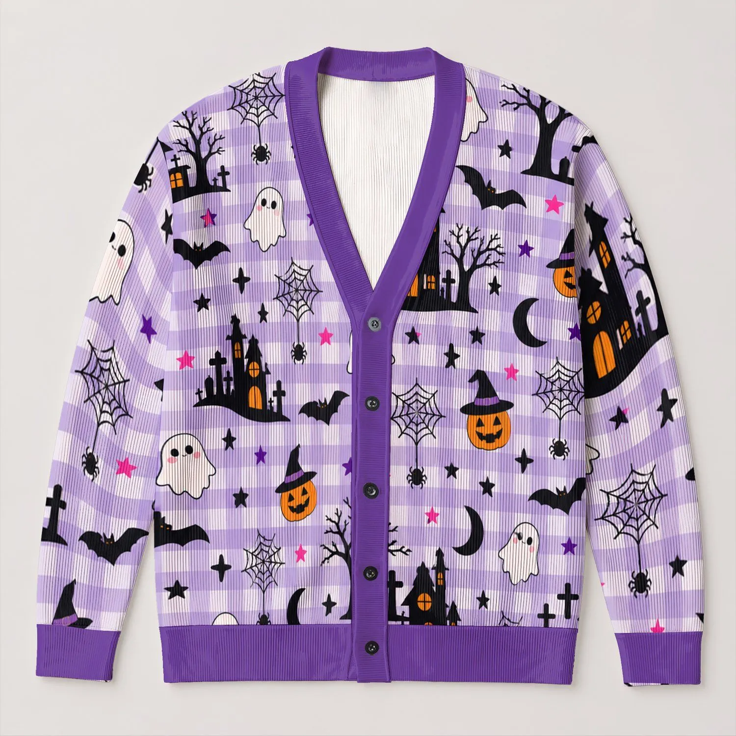 Purple Gingham Haunted House Halloween Spooky Season Autumn Layering Gift for Her All-over Print Knitted Cardigan - 1