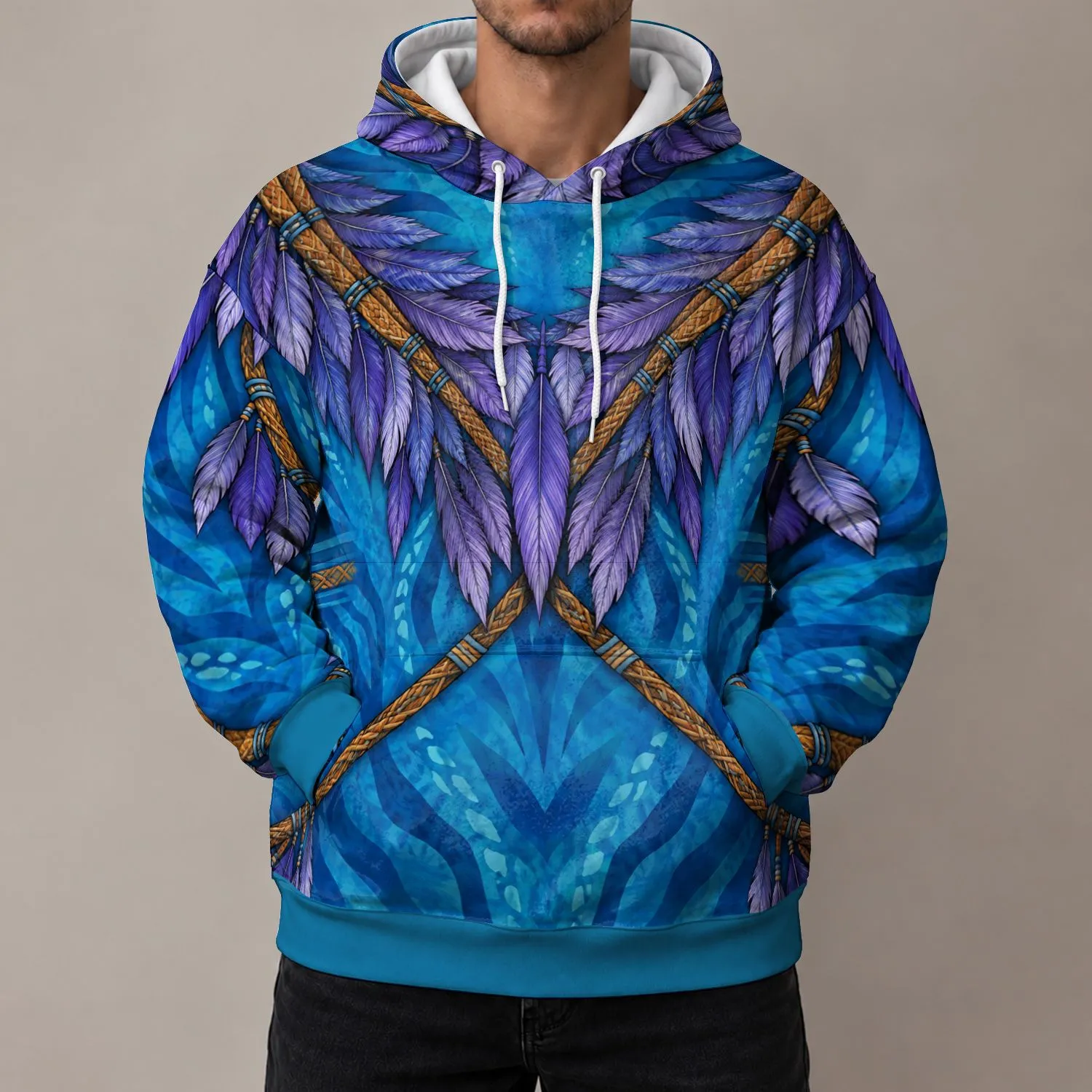 Blue Forest Warrior Feather-and-Cord Costume for Halloween Cosplay Fans All-over Print Hoodie (Lightweight) - 1