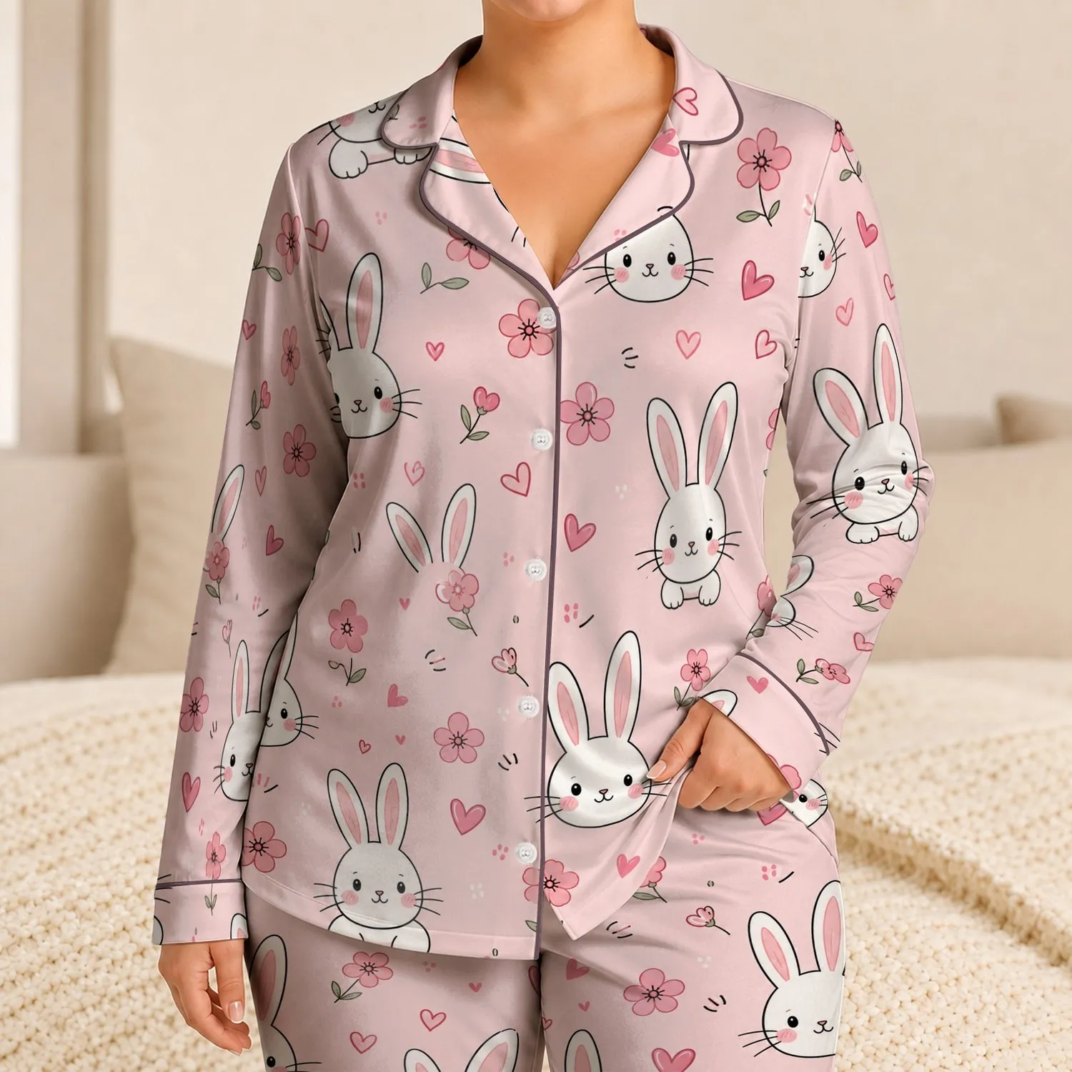 Blush Bunny Rabbit Motif For Cozy Spring Nights And Nursery Gifts For Kids And Moms Satin Pajamas Set - 1