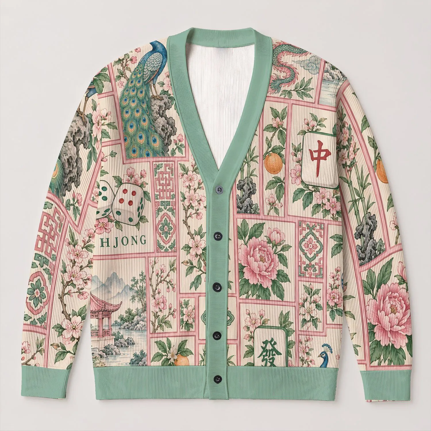 Mahjong Dragon, Peony and Floral Tile Motifs for Game Night, Good Fortune and Everyday Style All-over Print Knitted Cardigan - 1