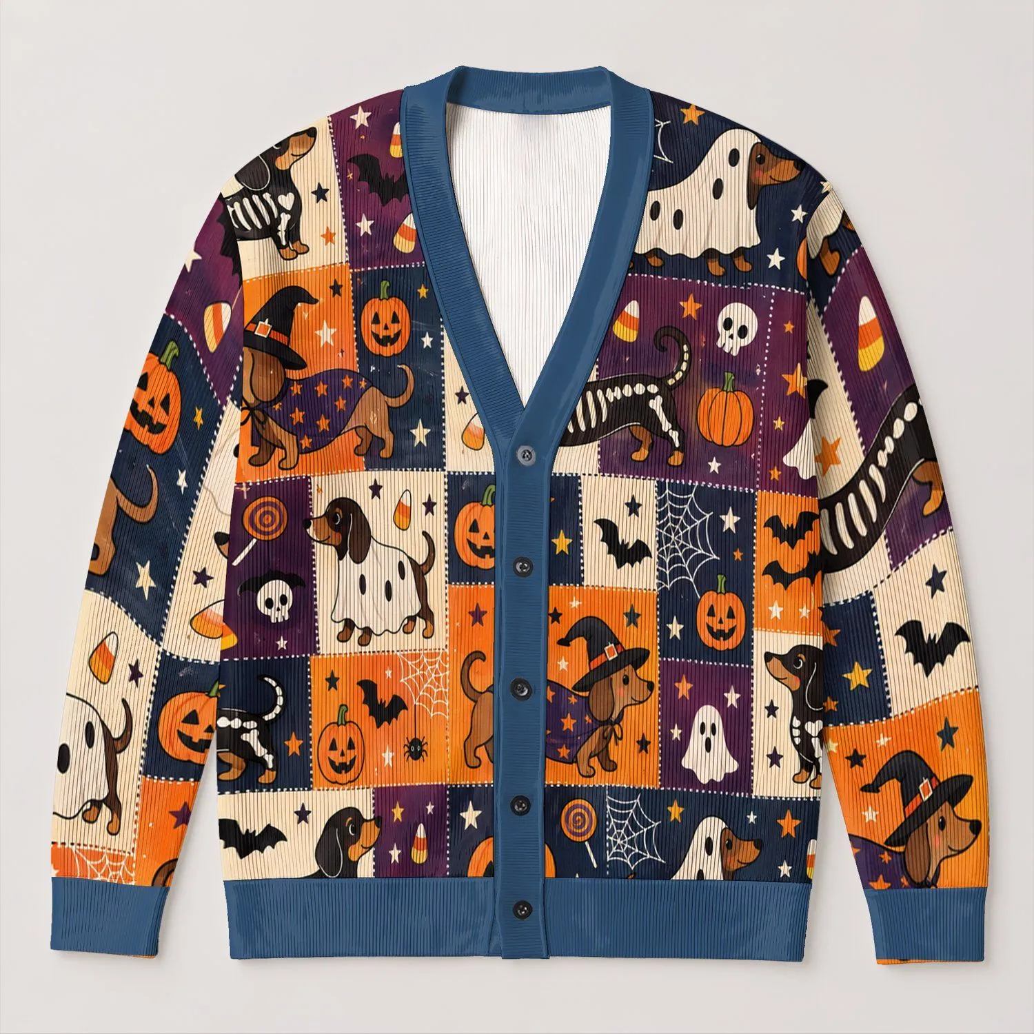 Halloween Dachshund Costumes, Ghosts and Pumpkins for Spooky Season Dog Lovers All-over Print Knitted Cardigan - 1
