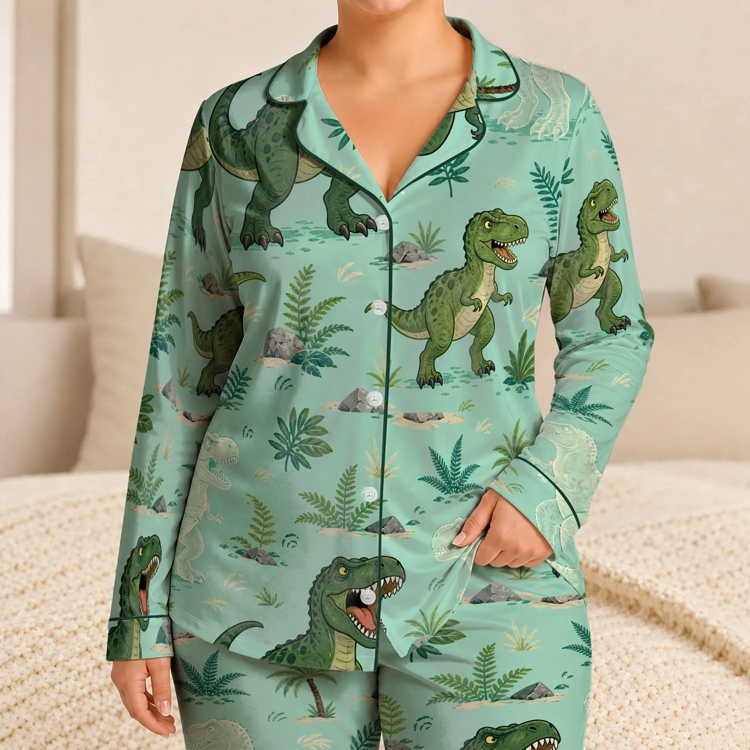 Retro Dinosaur Roar for Cozy Bedtime and Weekend Lounging for Little Boys and Kids Satin Pajamas Set - 1