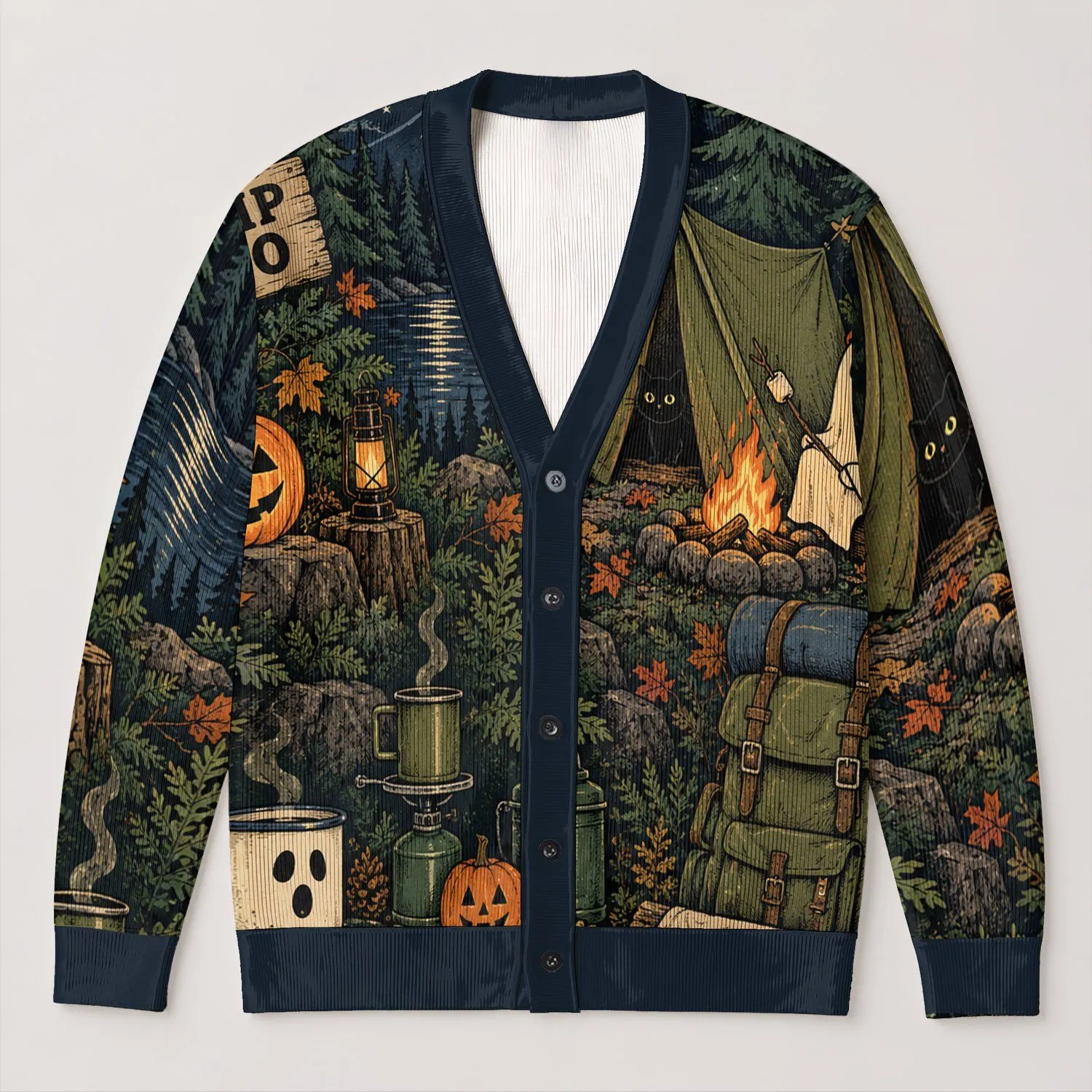 Ghost, Pumpkin and Campfire Camping Scene for Halloween Nighttime Outdoor Lovers All-over Print Knitted Cardigan - 1