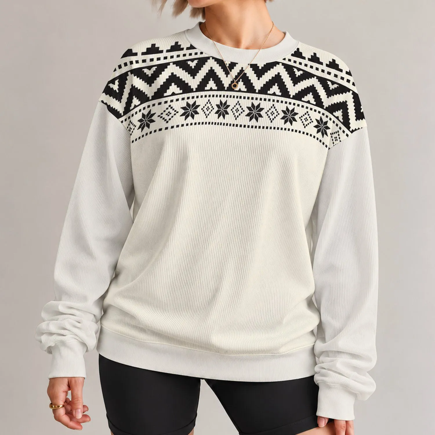Black and Ivory Nordic Geometric Yoke for Cozy Autumn Weekends and Casual Menswear All-over Print Knitted Sweater - 1