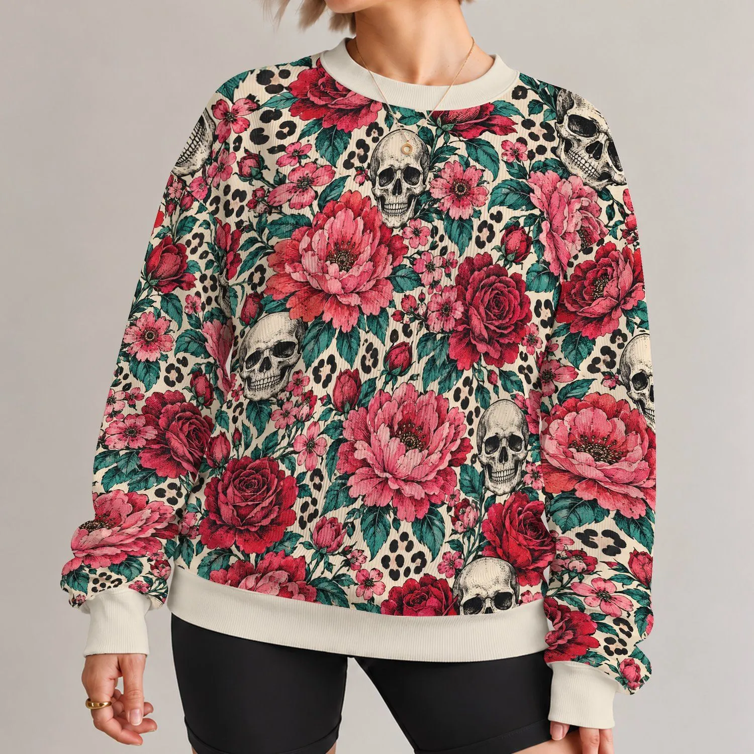 Rose Red Blooms and Engraved Skulls for Bold Everyday Alternative Style for Women All-over Print Knitted Sweater - 1