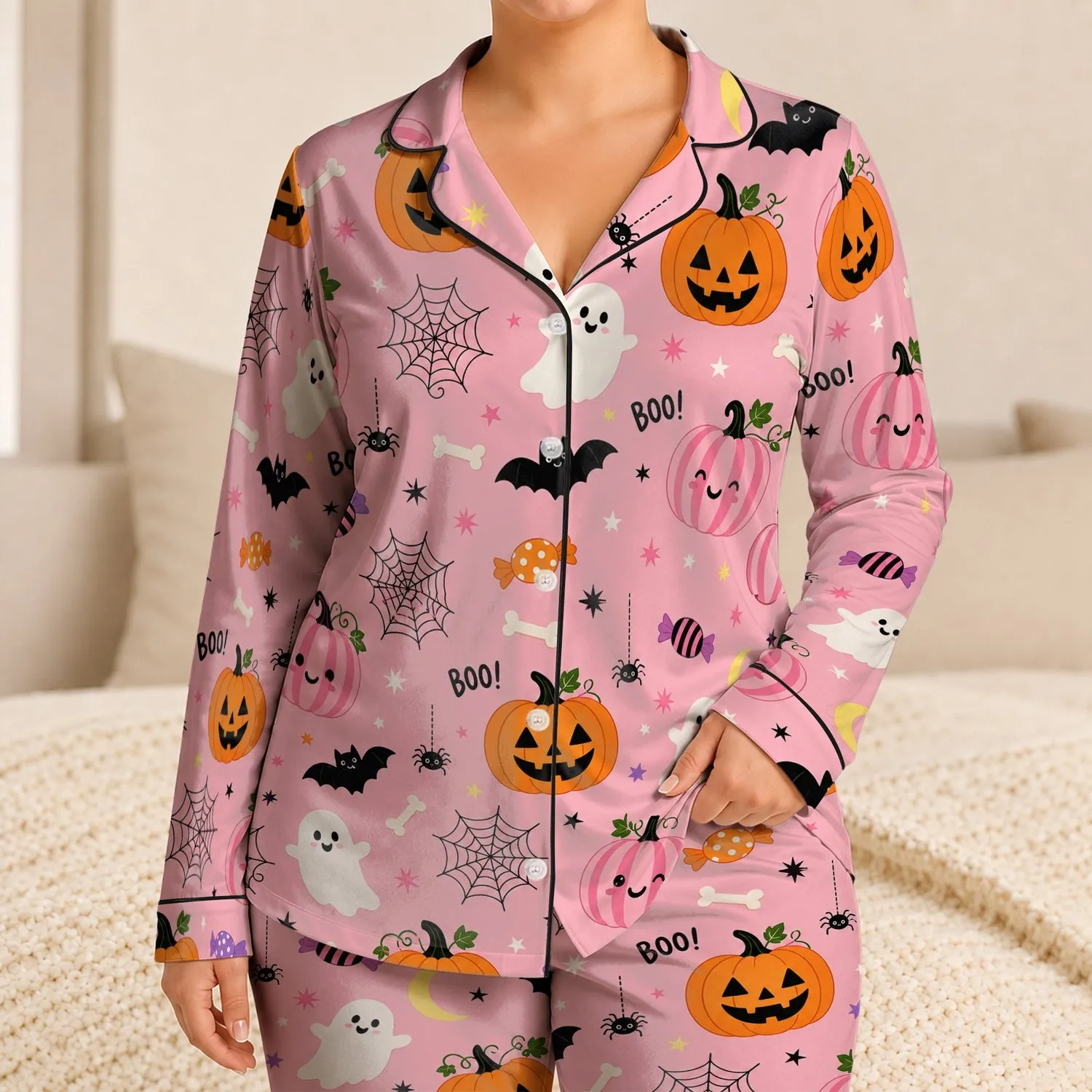 Pink Halloween Pumpkins, Ghosts And Bats Cozy Autumn Sleepwear For Women At Home Satin Pajamas Set - 1