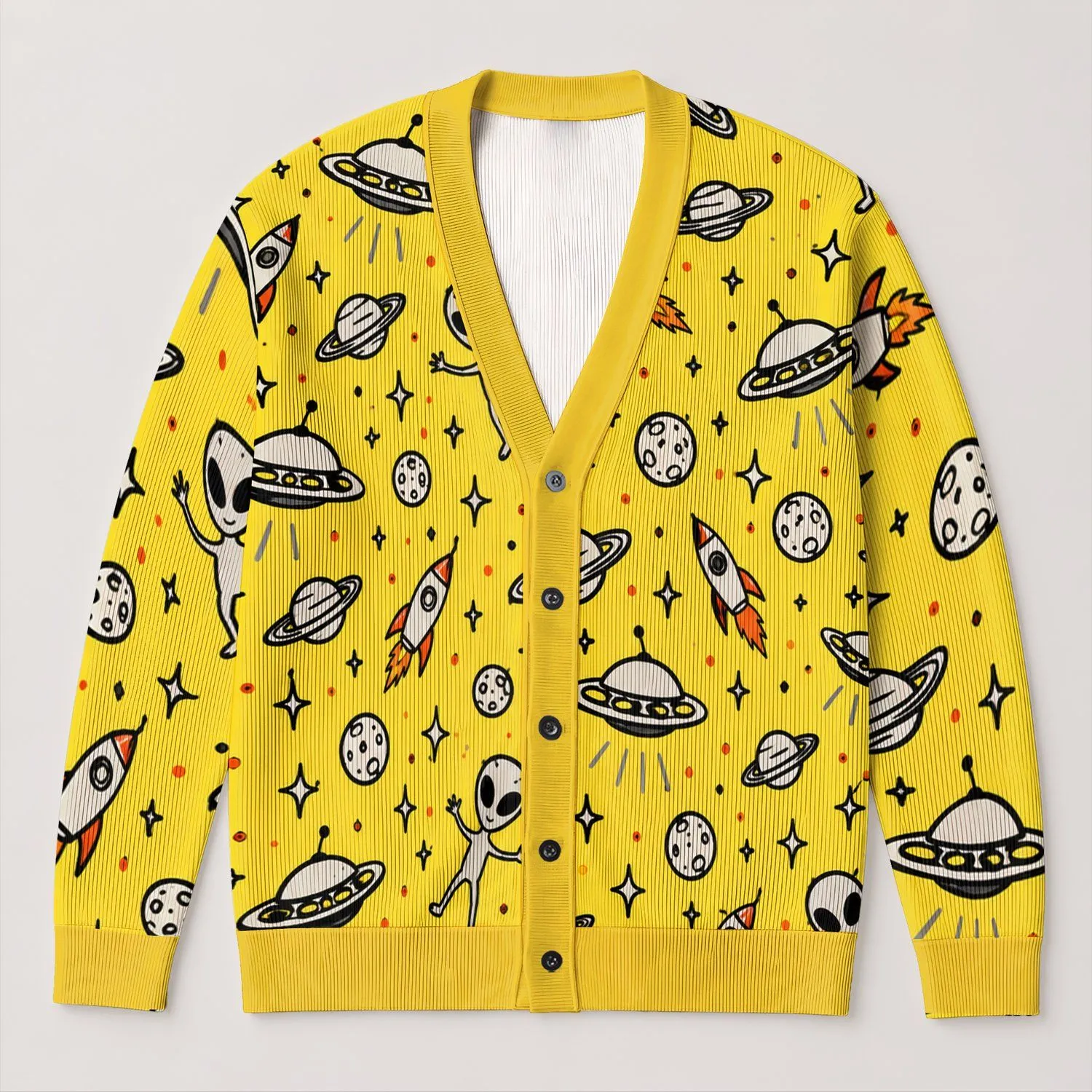 Playful Yellow Space Aliens And UFOs For Casual Everyday Wear And Cosmic Adventure Fans All-over Print Knitted Cardigan - 1