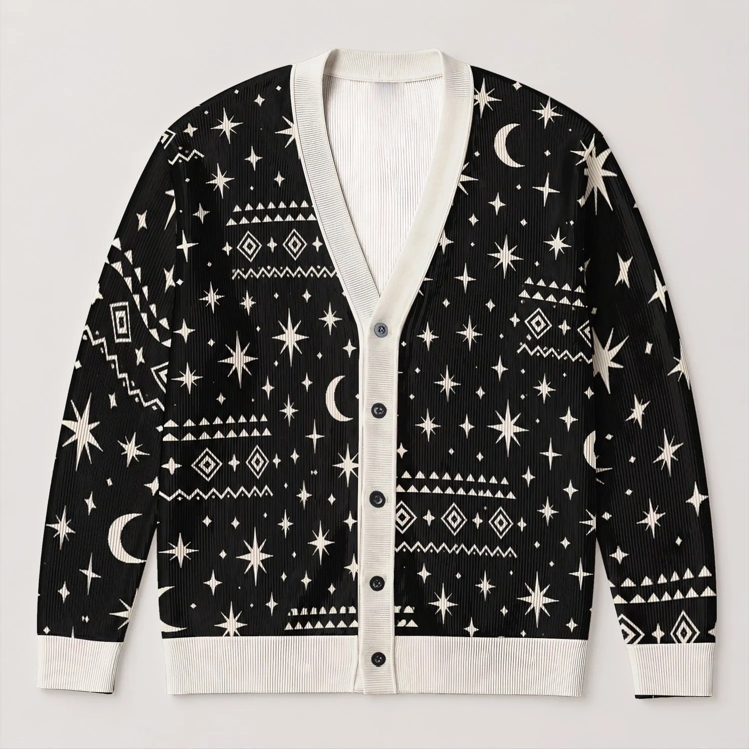Black And White Celestial Stars And Crescent Moon For Relaxed Everyday Streetwear Style All-over Print Knitted Cardigan - 1