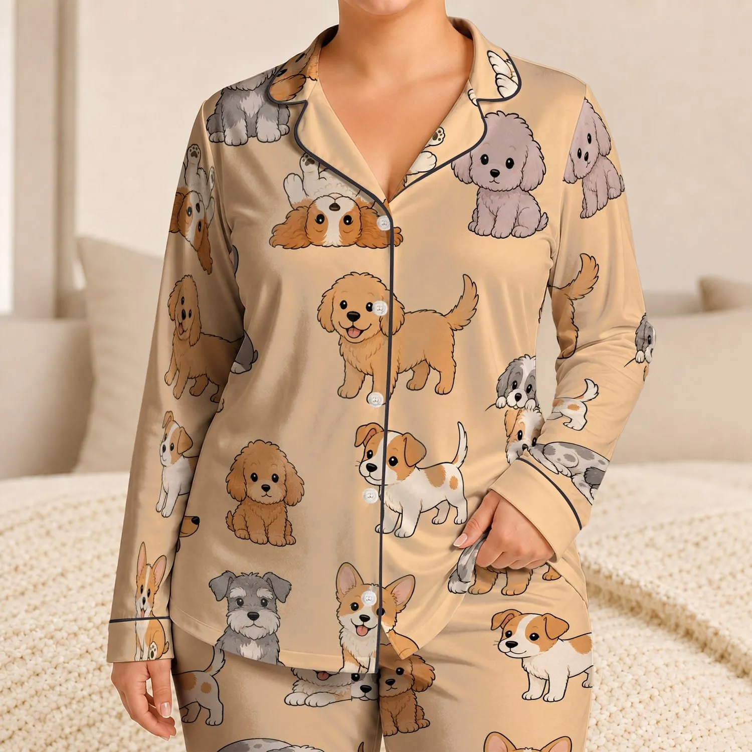 Cute Puppy Motif for Cozy Bedtime, Soft Apricot Tones for Little Kids Everyday Wear Satin Pajamas Set - 1