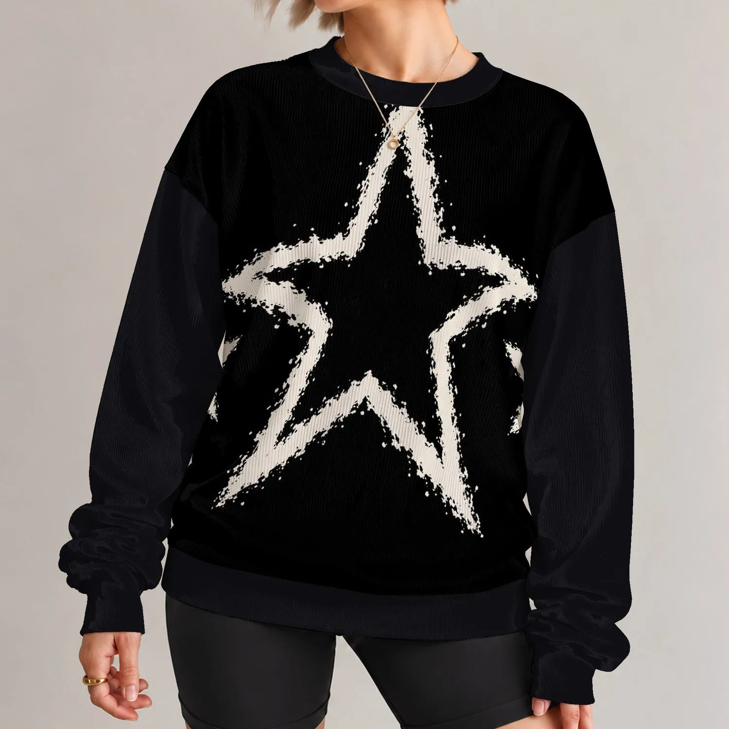Oversized Ivory Star Streetwear Motif for Casual Hip Hop Outfits and Everyday Style All-over Print Knitted Sweater - 1