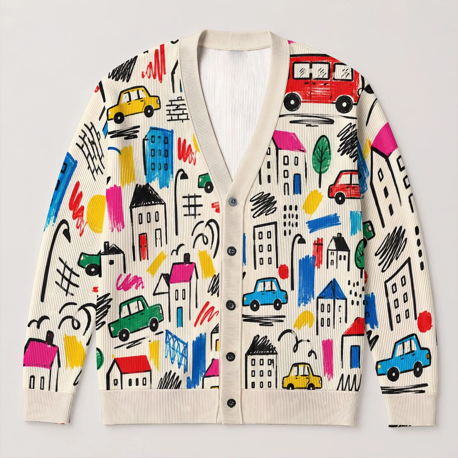 Colorful House and Car Graffiti for Everyday Urban Streetwear and Casual Weekend Style All-over Print Knitted Cardigan - 1