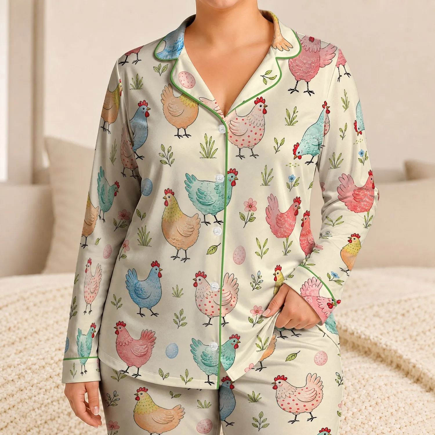 Cheerful Chickens On Warm Ivory For Cozy Bedtime Gifts For Farmhouse Homes Kids Satin Pajamas Set - 1