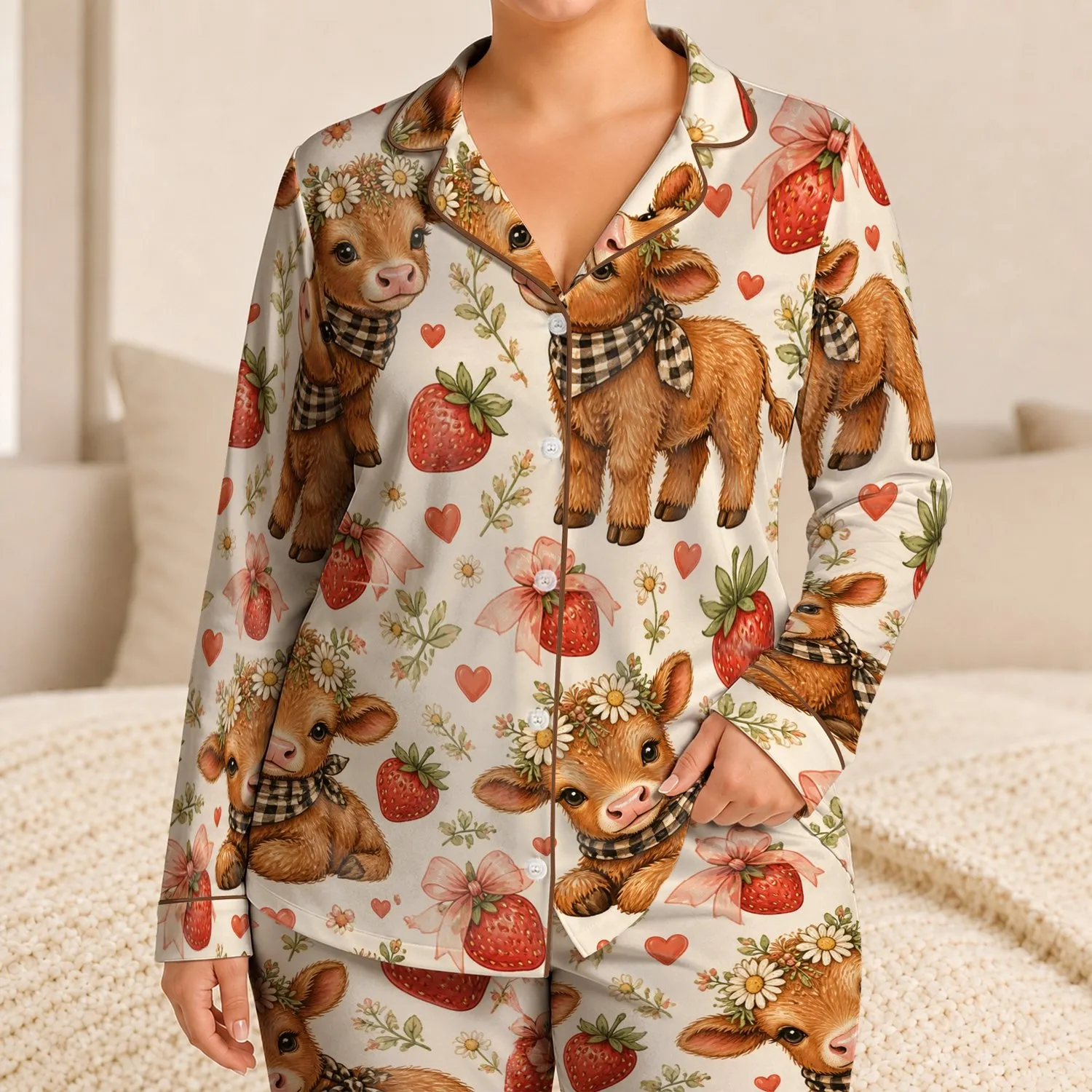 Sweet Calf And Strawberry Bedtime Set For Cozy Kids And Toddlers, Storybook Nights Satin Pajamas Set - 1