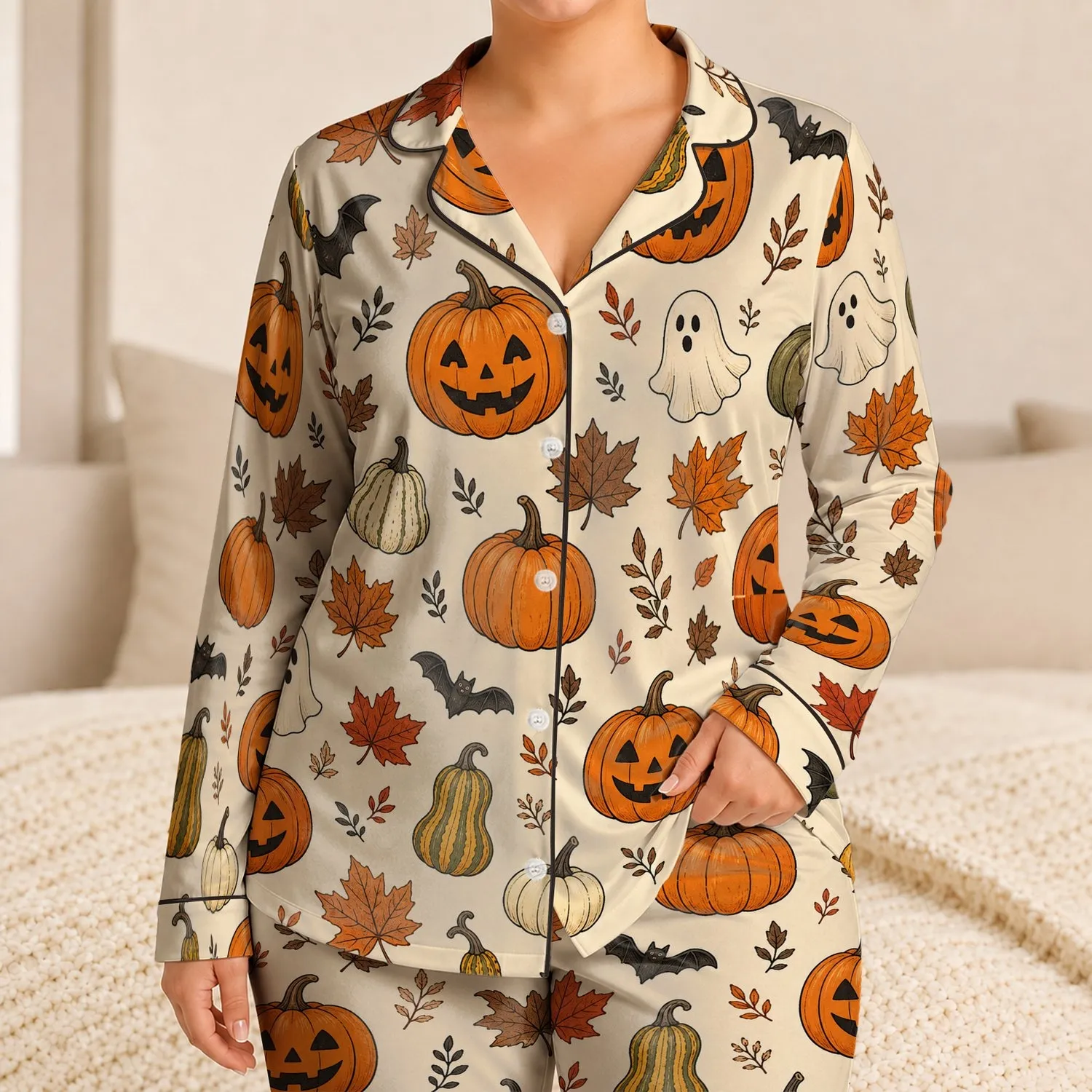 Halloween Pumpkin And Maple Leaf Sleepwear For Cozy Autumn Nights At Home For Girls Satin Pajamas Set - 1