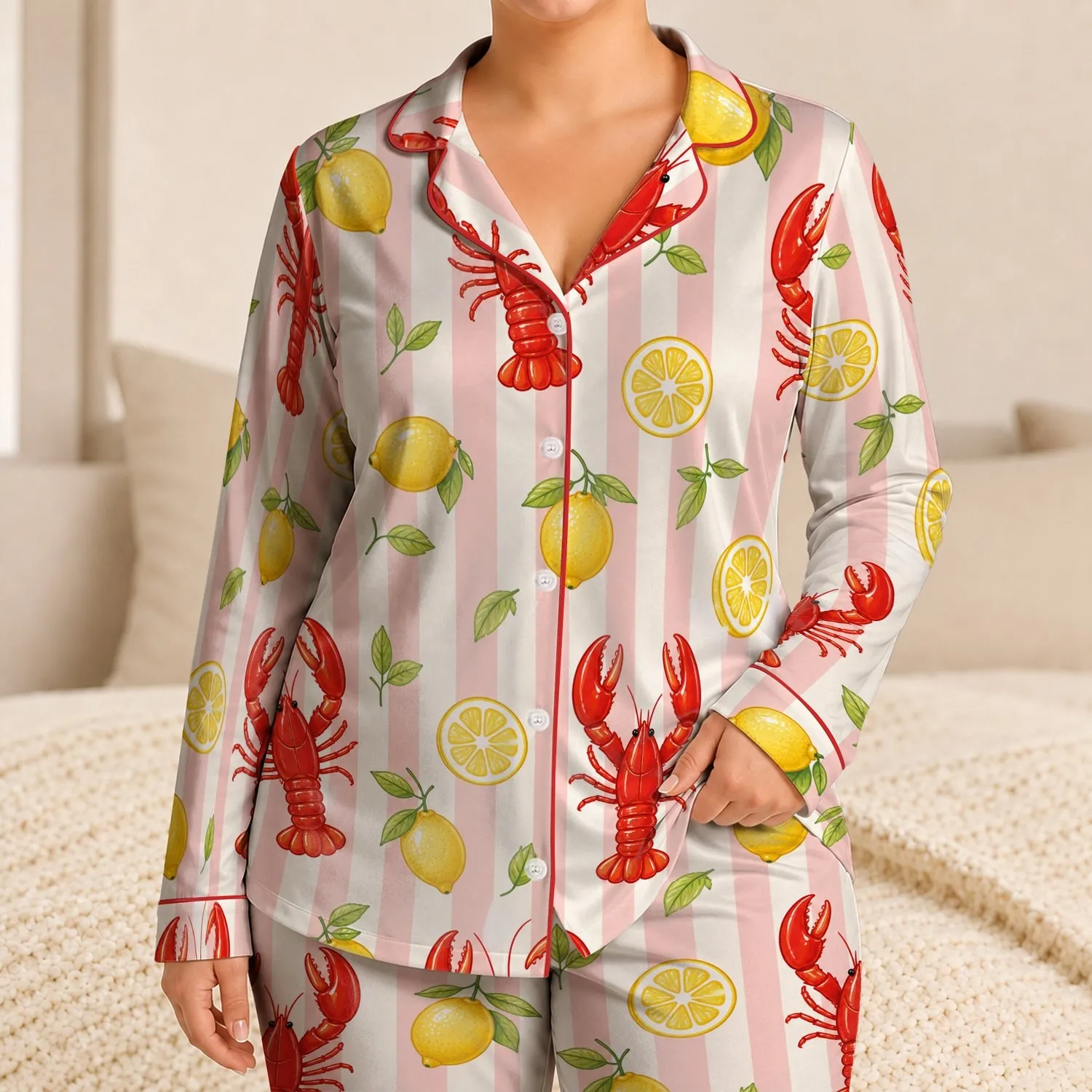 Coastal Lobster And Lemon Stripes For Summer Getaways, Beach Trips, Tween Girls Summer Satin Pajamas Set - 1