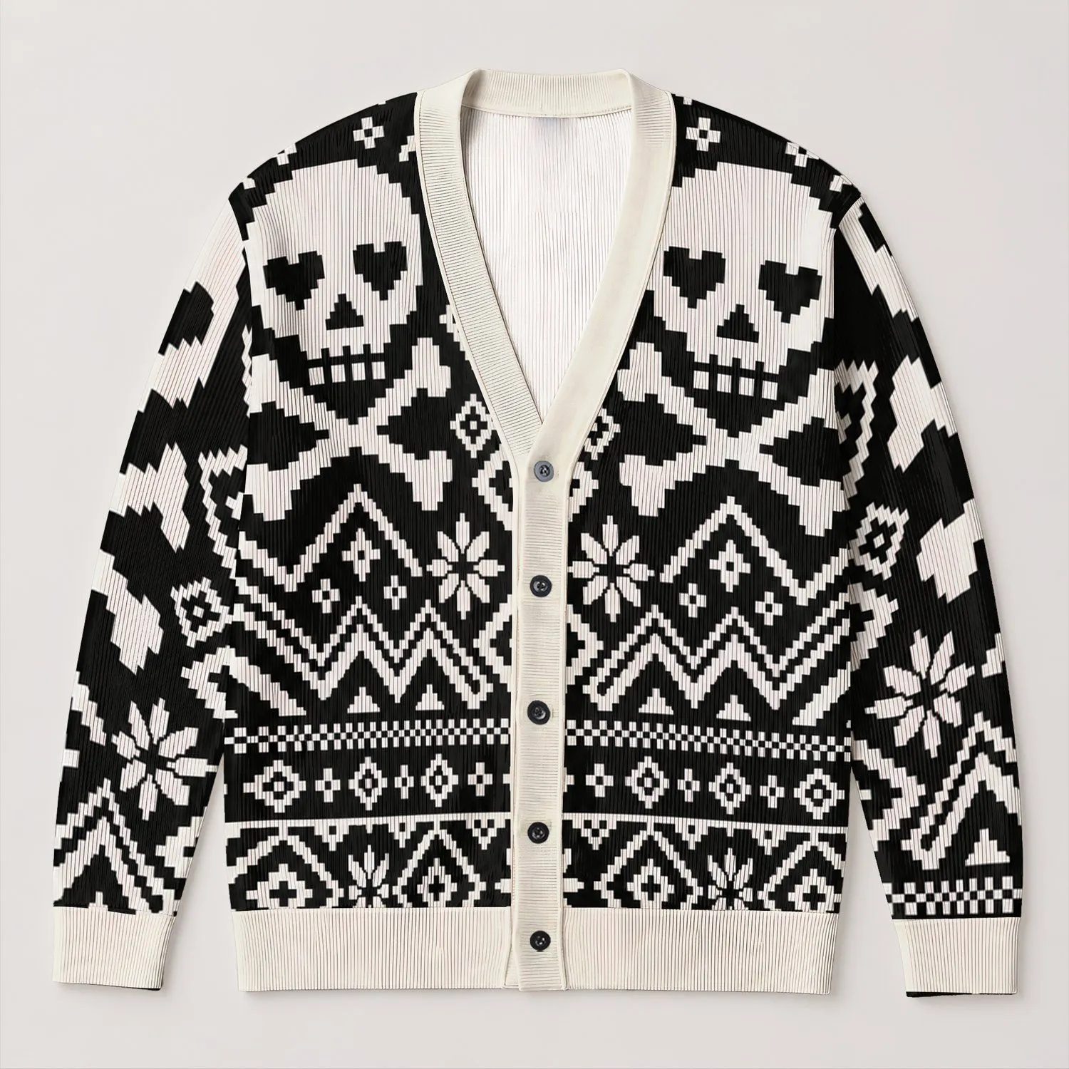 Black White Skull Crossbones Geometric Motif for Halloween and Streetwear Style All-over Print Knitted Cardigan - 1