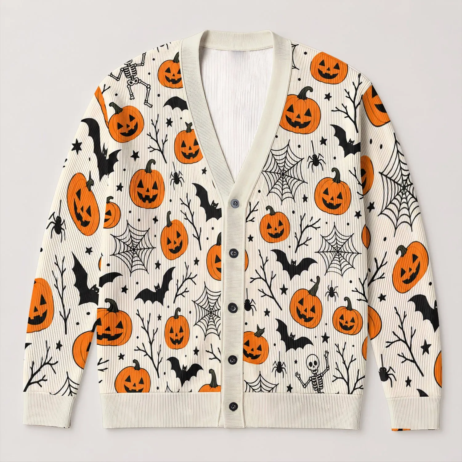 Jack-o'-Lantern Pumpkins, Bats and Spiderwebs for Cozy Autumn Halloween Celebrations All-over Print Knitted Cardigan - 1