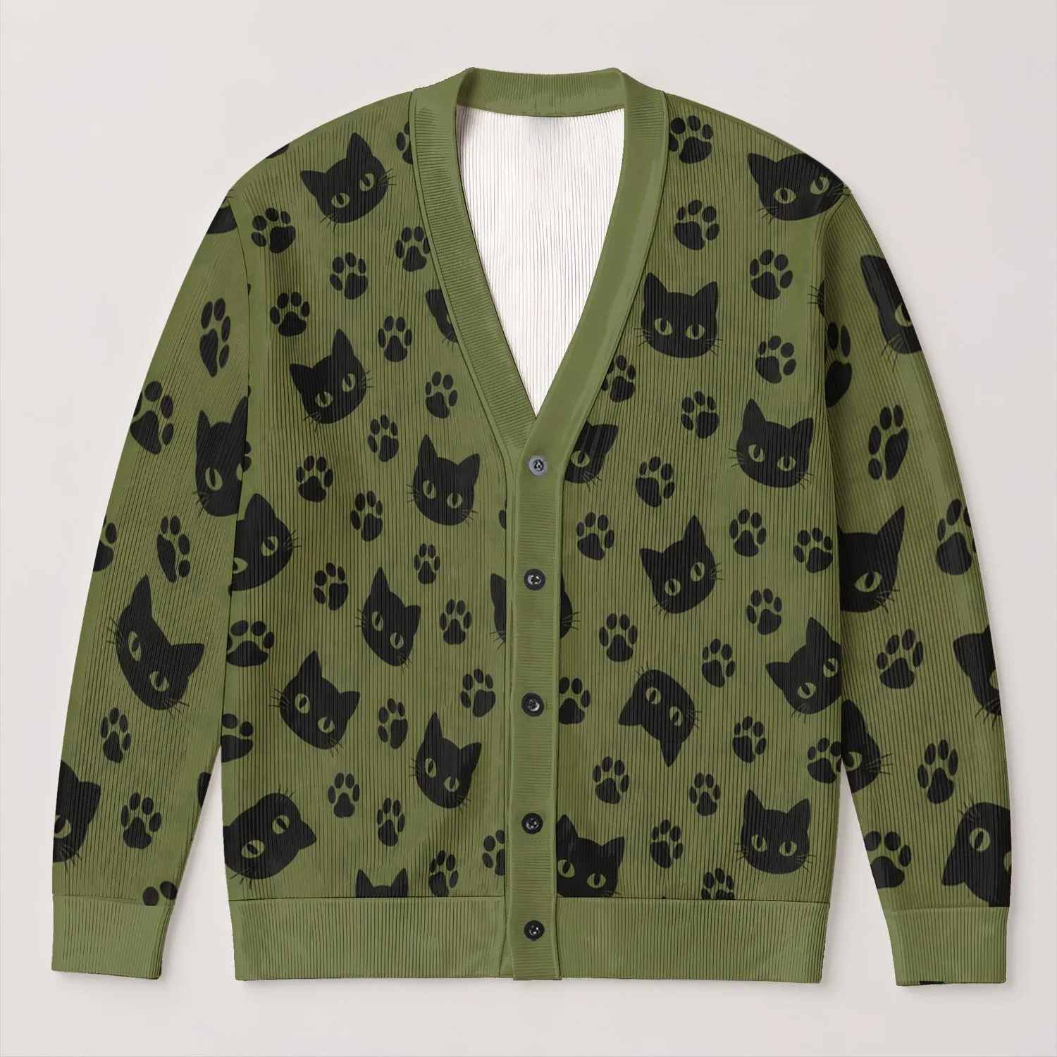 Black Cat Faces And Paw Prints For Cozy Autumn Days And Everyday Layering All-over Print Knitted Cardigan - 1