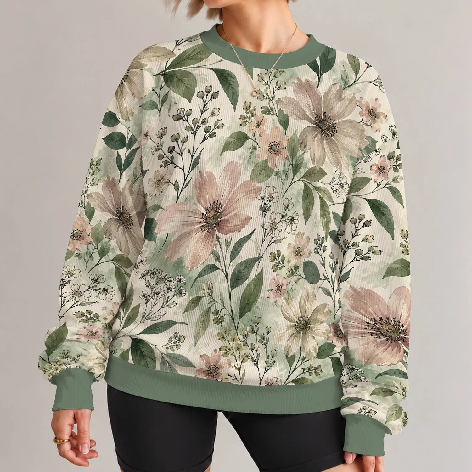 Sage Green Botanical Florals for Relaxed Everyday Style and Garden-Inspired Outings All-over Print Knitted Sweater - 1