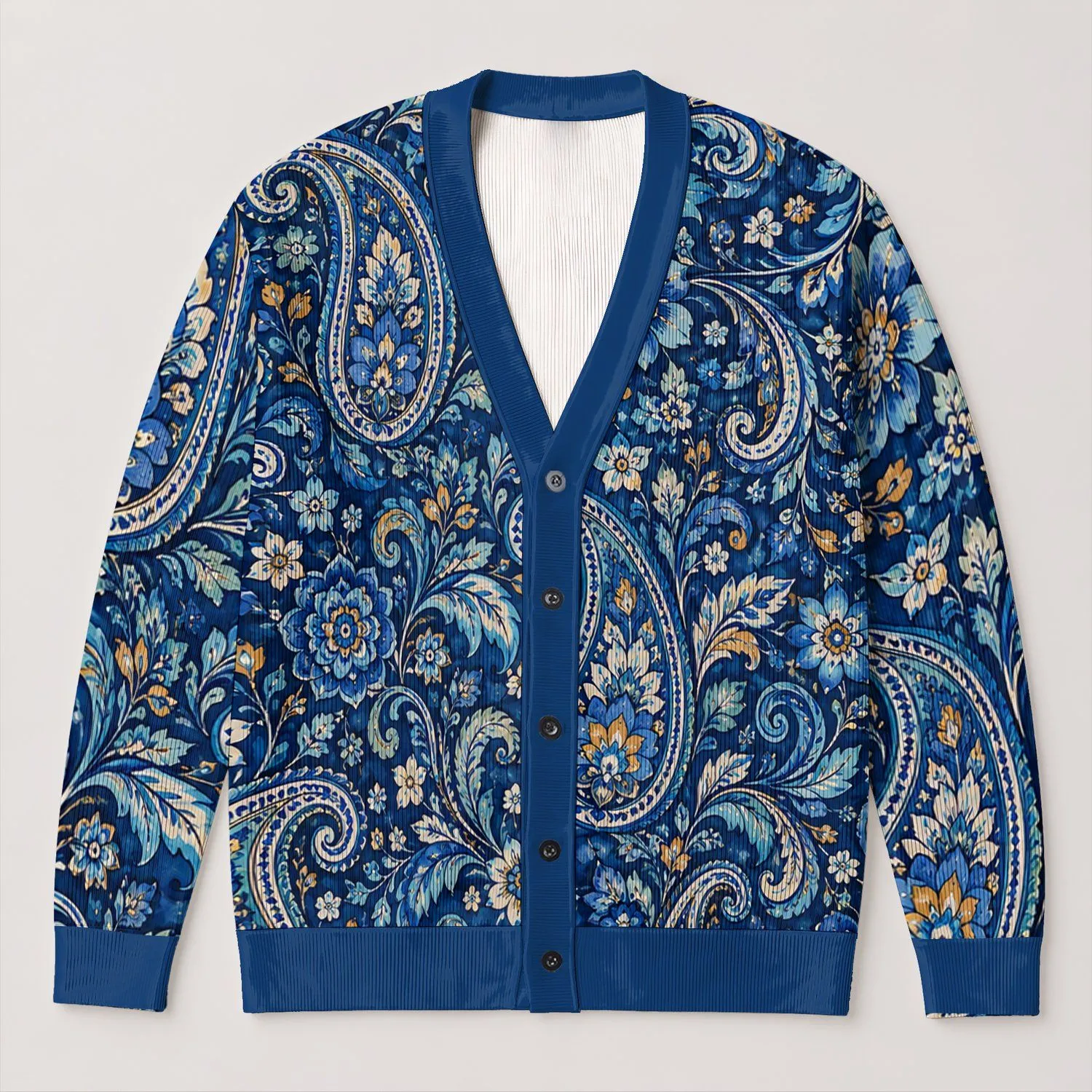 Blue Paisley And Floral Motifs For Bohemian Everyday Layering And Artistic Casual Style All-over Print Knitted Cardigan - 1