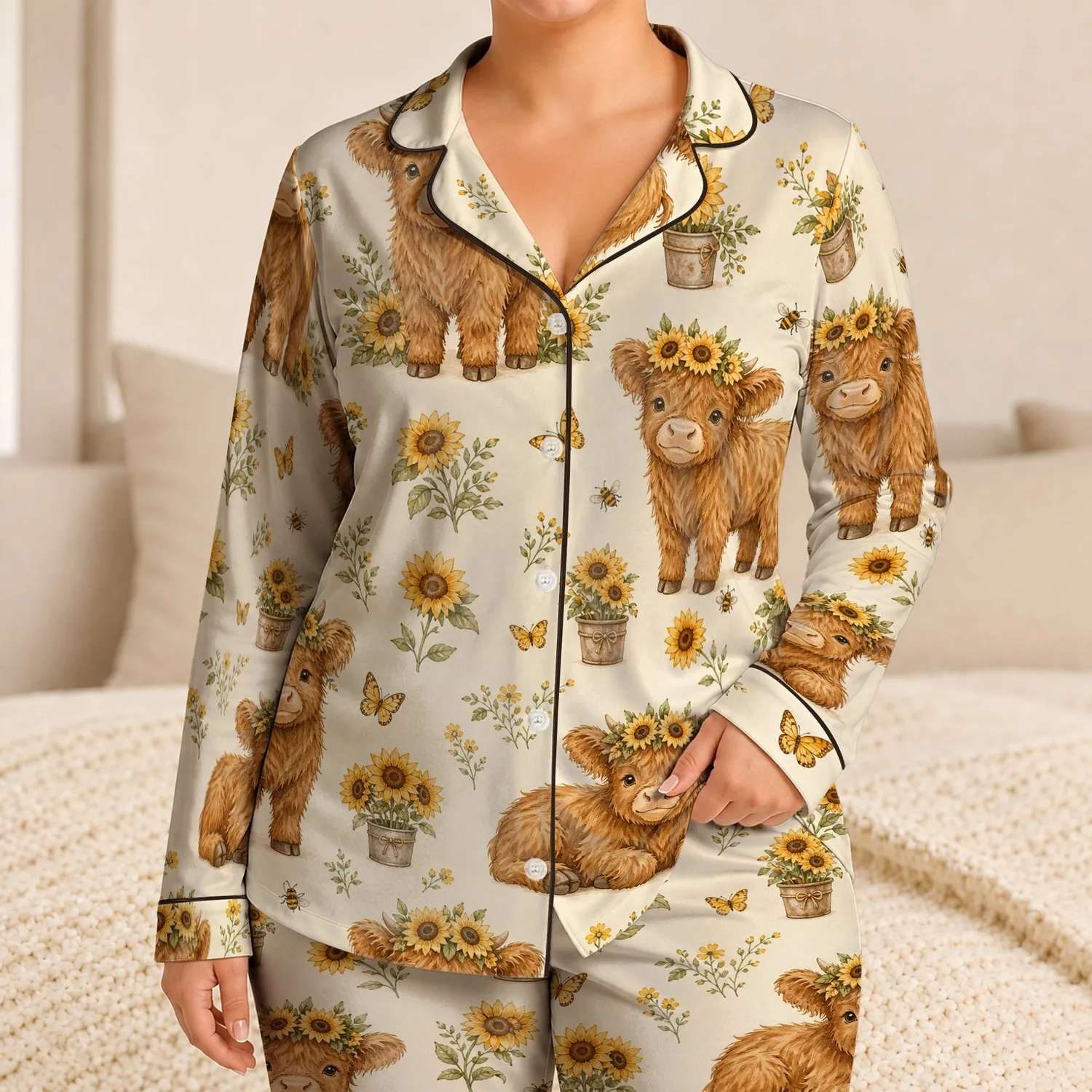 Highland Calf Sunflower Cottagecore For Spring Picnics, Cozy Gift Moments At Home Satin Pajamas Set - 1