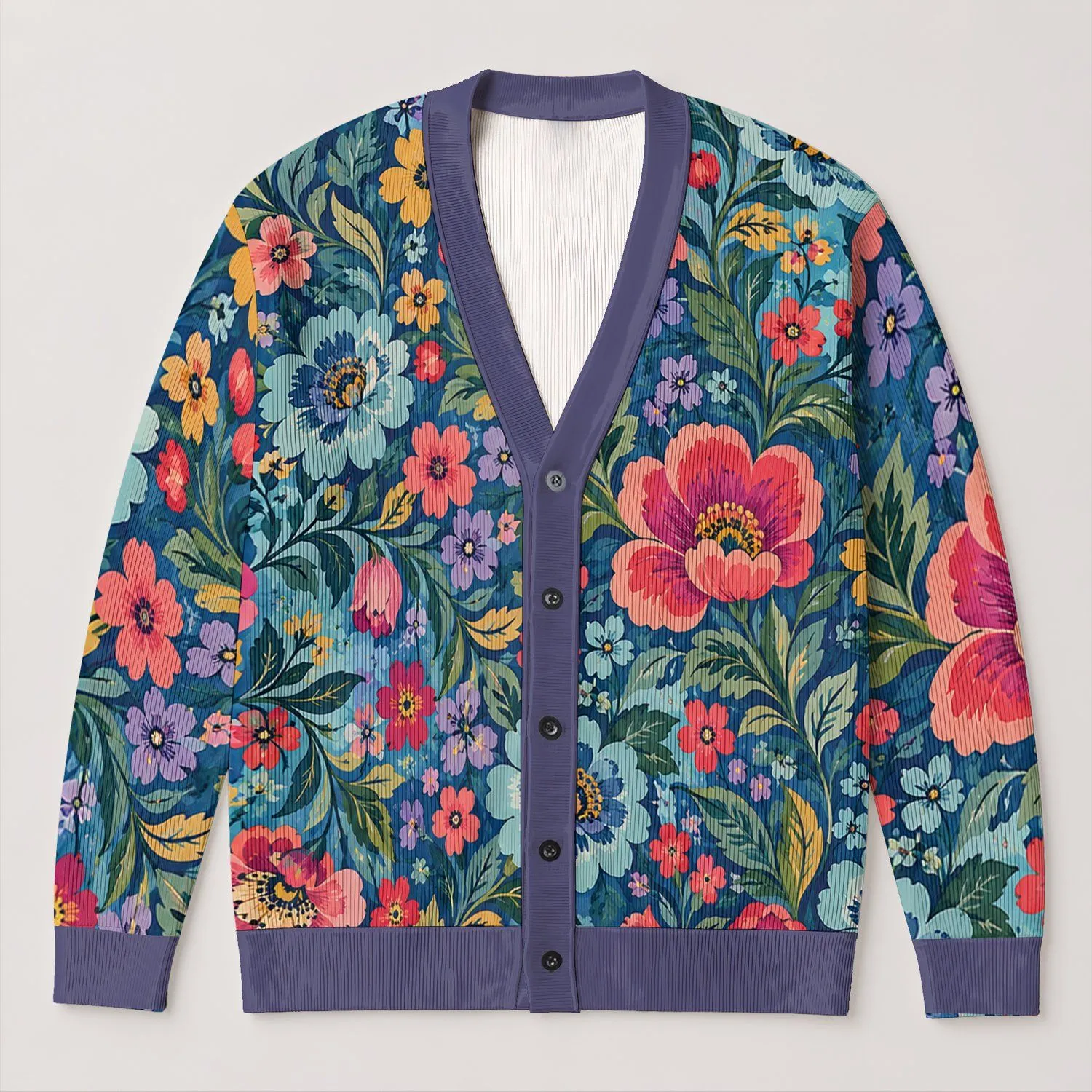 Colorful Folk Floral Blooms for Everyday Layering and Creative Weekend Style All-over Print Knitted Cardigan - 1