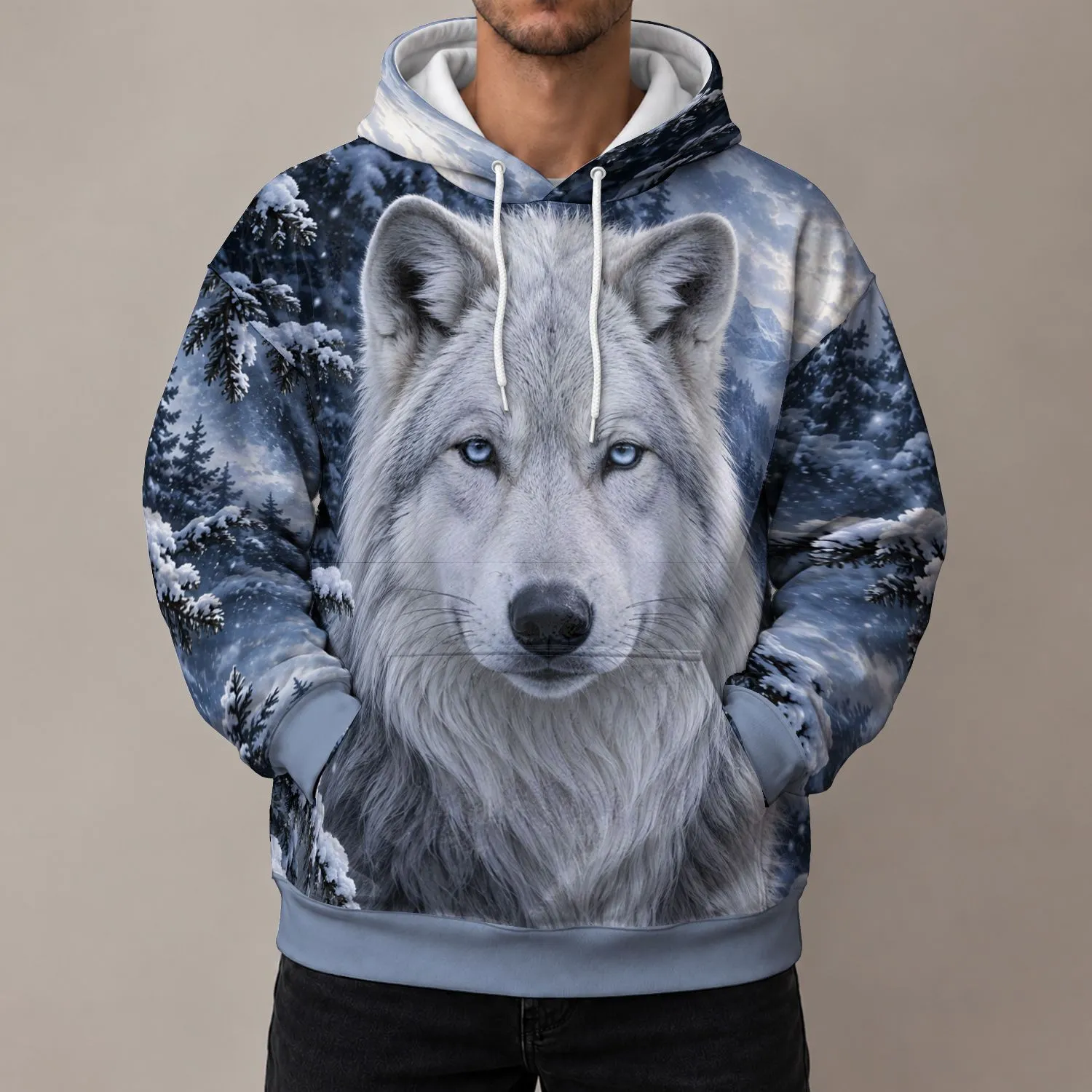 White Wolf Winter Forest Scene for Cozy Outdoor Adventures and Everyday Wear All-over Print Hoodie (Lightweight) - 1