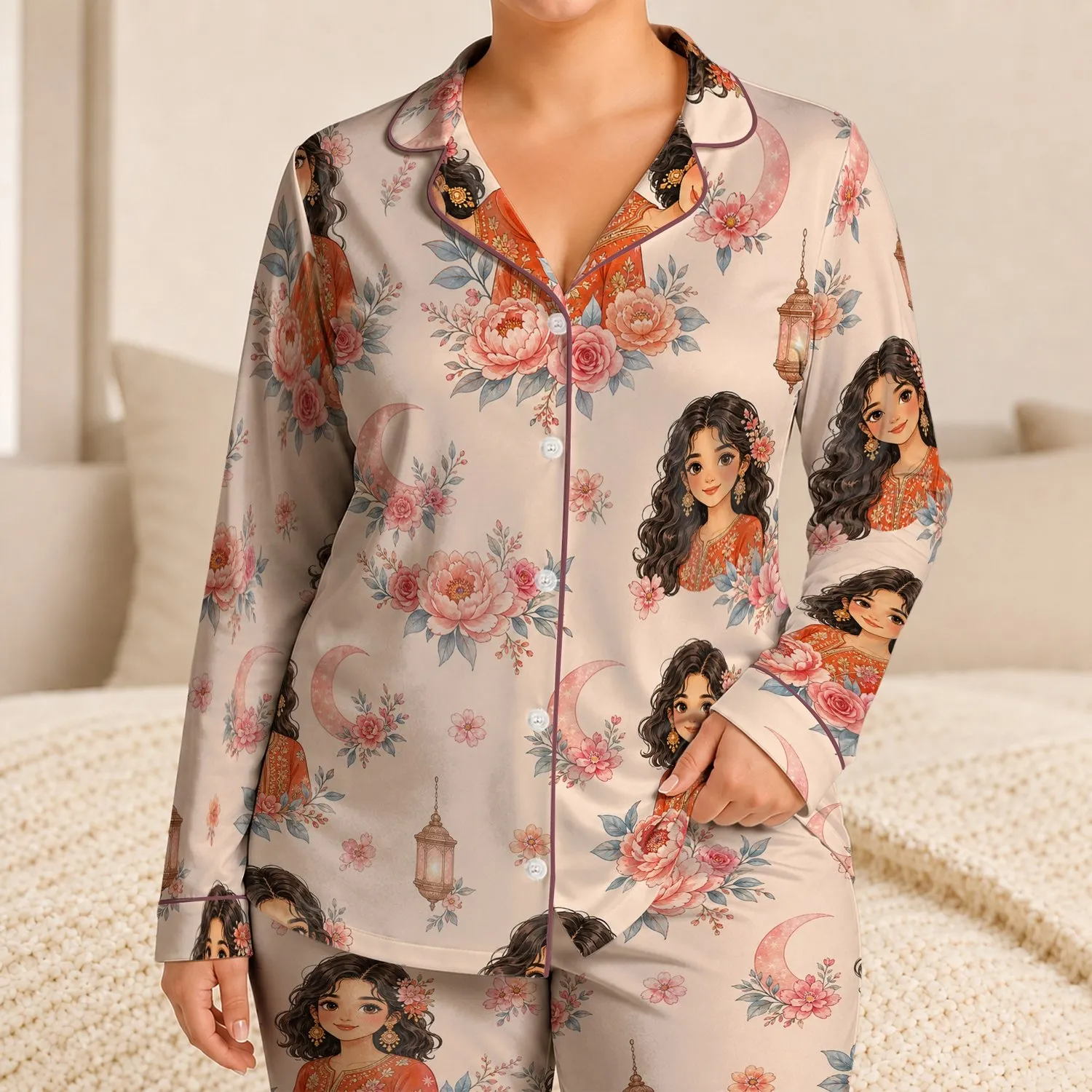 Blush Moon Girl Folklore Floral Sleepwear For Cozy Ramadan Nights, Giftable Ages 8-12 Satin Pajamas Set - 1