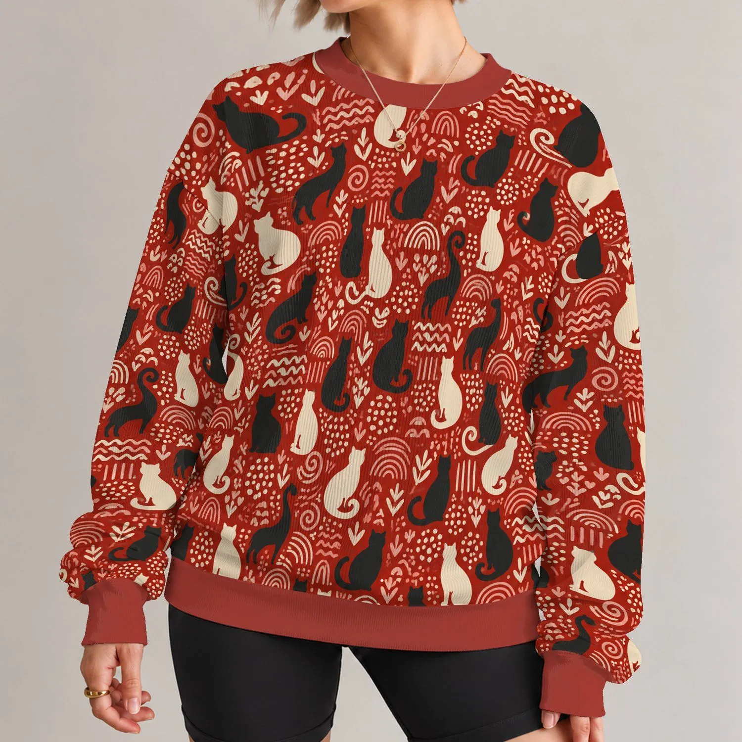 Seated Cat Folk Motifs for Cozy Autumn Outings and Everyday Cat Lovers All-over Print Knitted Sweater - 1