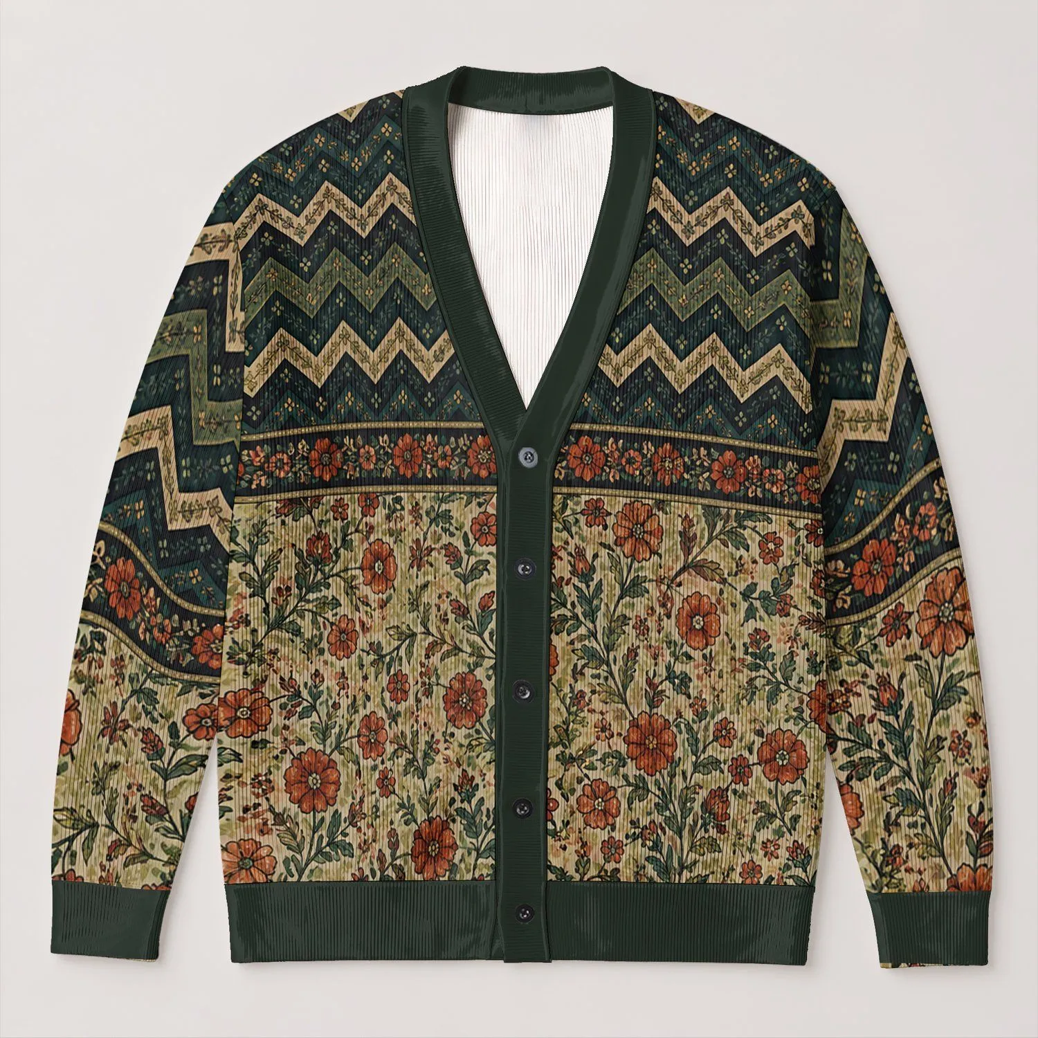 Rust Floral And Teal Chevron Motifs For Cozy Autumn Layering And Everyday Wear For Her All-over Print Knitted Cardigan - 1