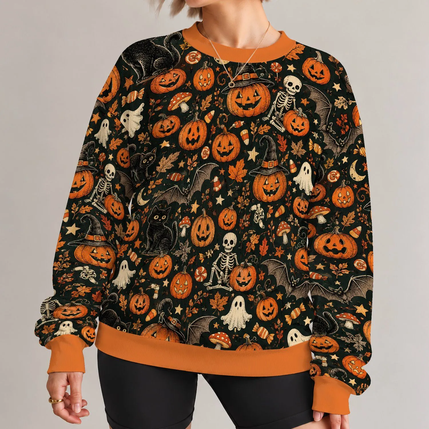 Jack-O'-Lantern And Bat Halloween Collage For Festive Autumn Outings All-over Print Knitted Sweater - 1