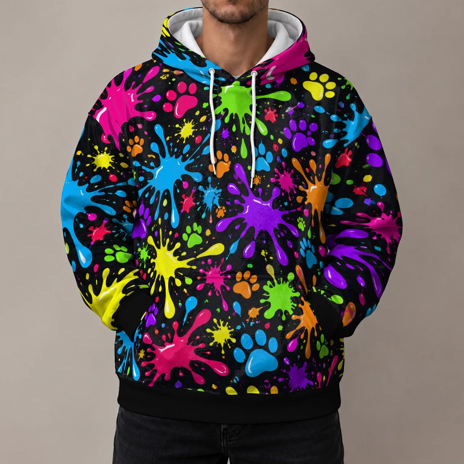 Colorful Paw Prints and Neon Paint Splashes for Playful Everyday Streetwear All-over Print Hoodie (Lightweight) - 1