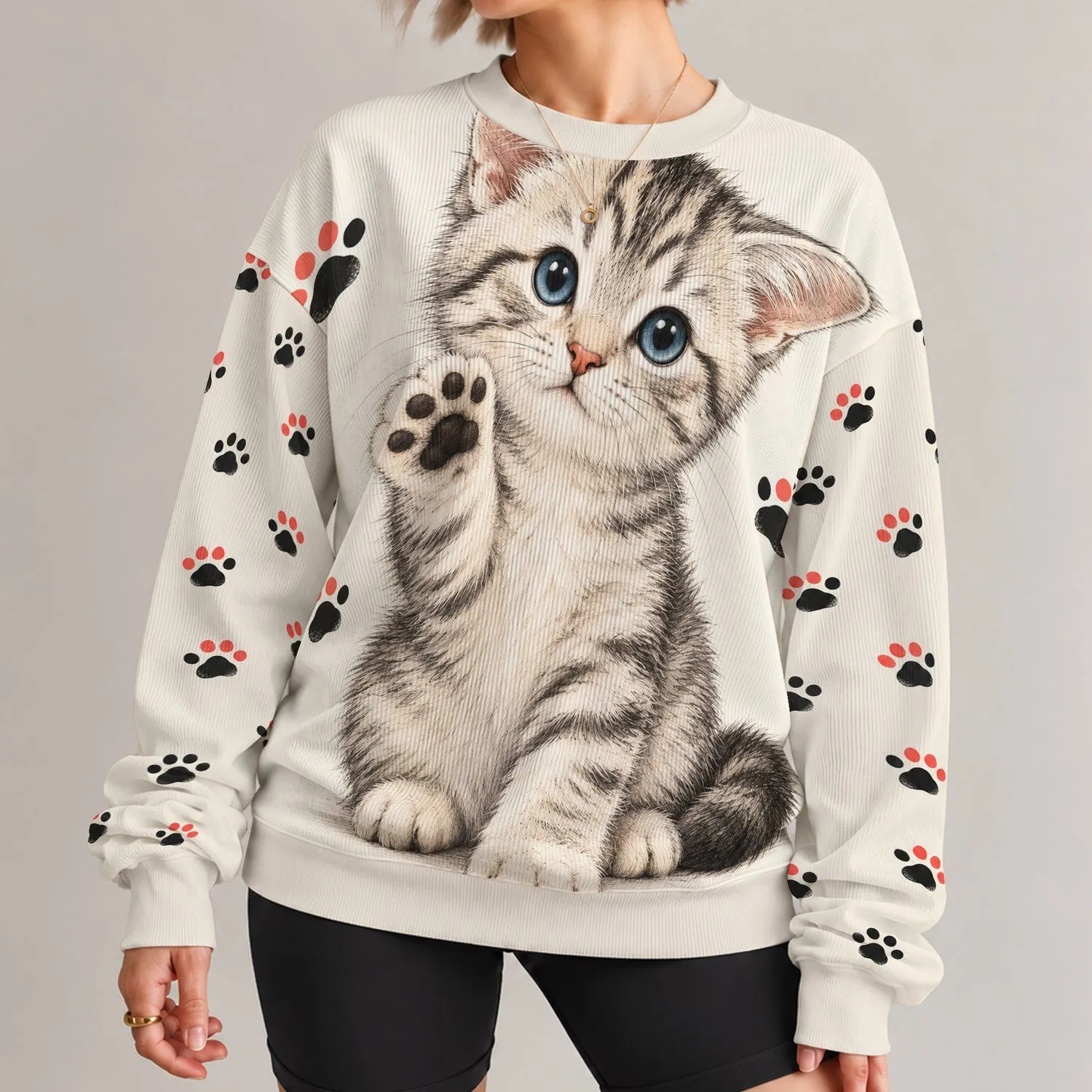 Wide-Eyed Tabby Kitten with Paw Prints for Playful Everyday Casual Outings and Cat Lovers All-over Print Knitted Sweater - 1