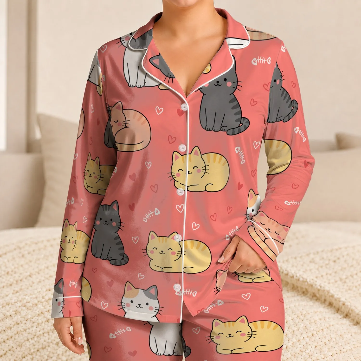 Sweet Coral Cat And Heart Repeat For Cozy Nights, Sleepovers, And Gifted Her Style Satin Pajamas Set - 1