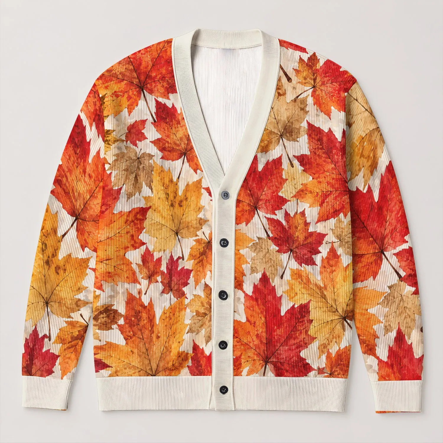 Autumn Maple Leaves in Warm Tones for Cozy Everyday Layering and Nature Lovers All-over Print Knitted Cardigan - 1