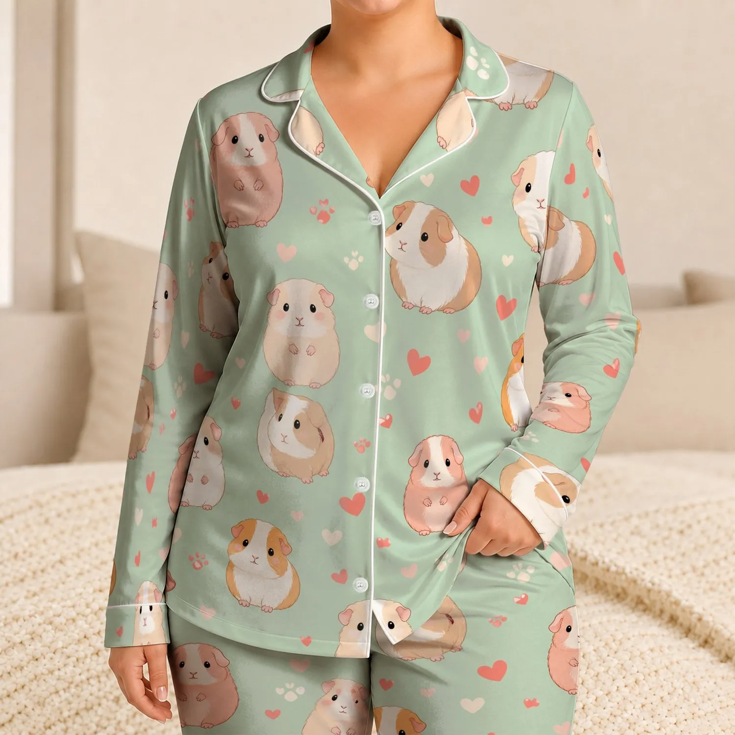 Mint Green Guinea Pig Sleepwear for Cozy Nights, Lounging, and Weekend Home Comfort Satin Pajamas Set - 1