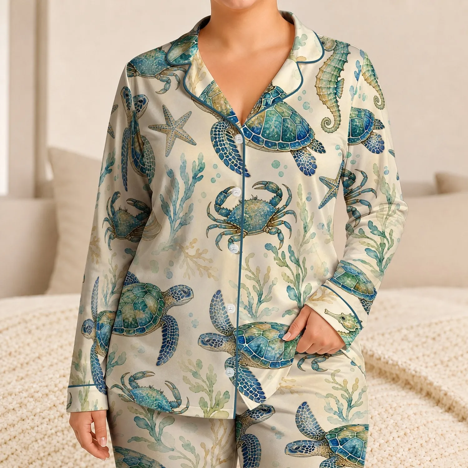 Sea Turtle, Seahorse And Crab Ocean Motifs For Beach Getaways And Cozy Resort Days Satin Pajamas Set - 1