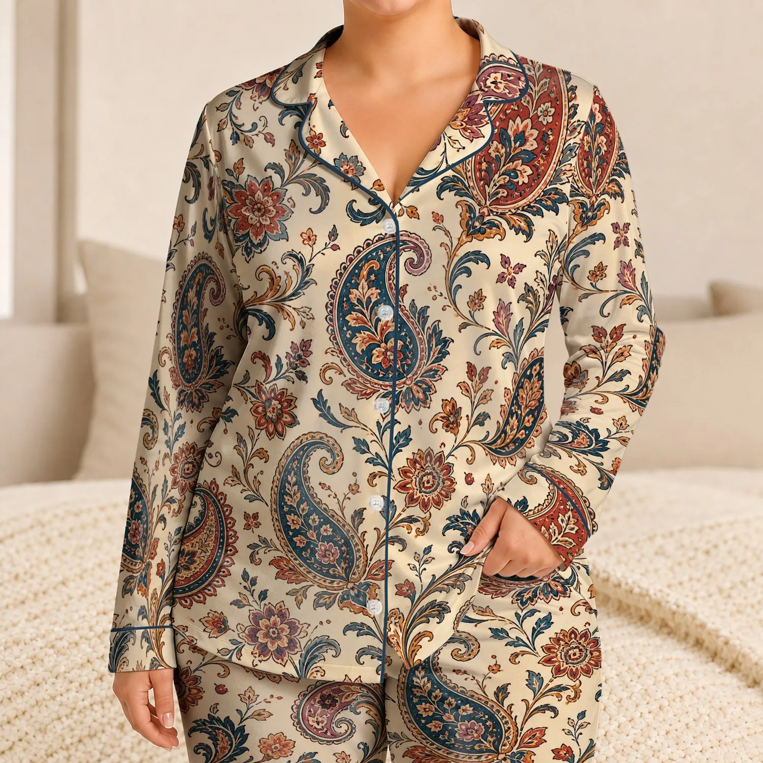 Ivory Bohemian Paisley Lounge Style For Cozy Nights And Weekend Getaways For Women Satin Pajamas Set - 1