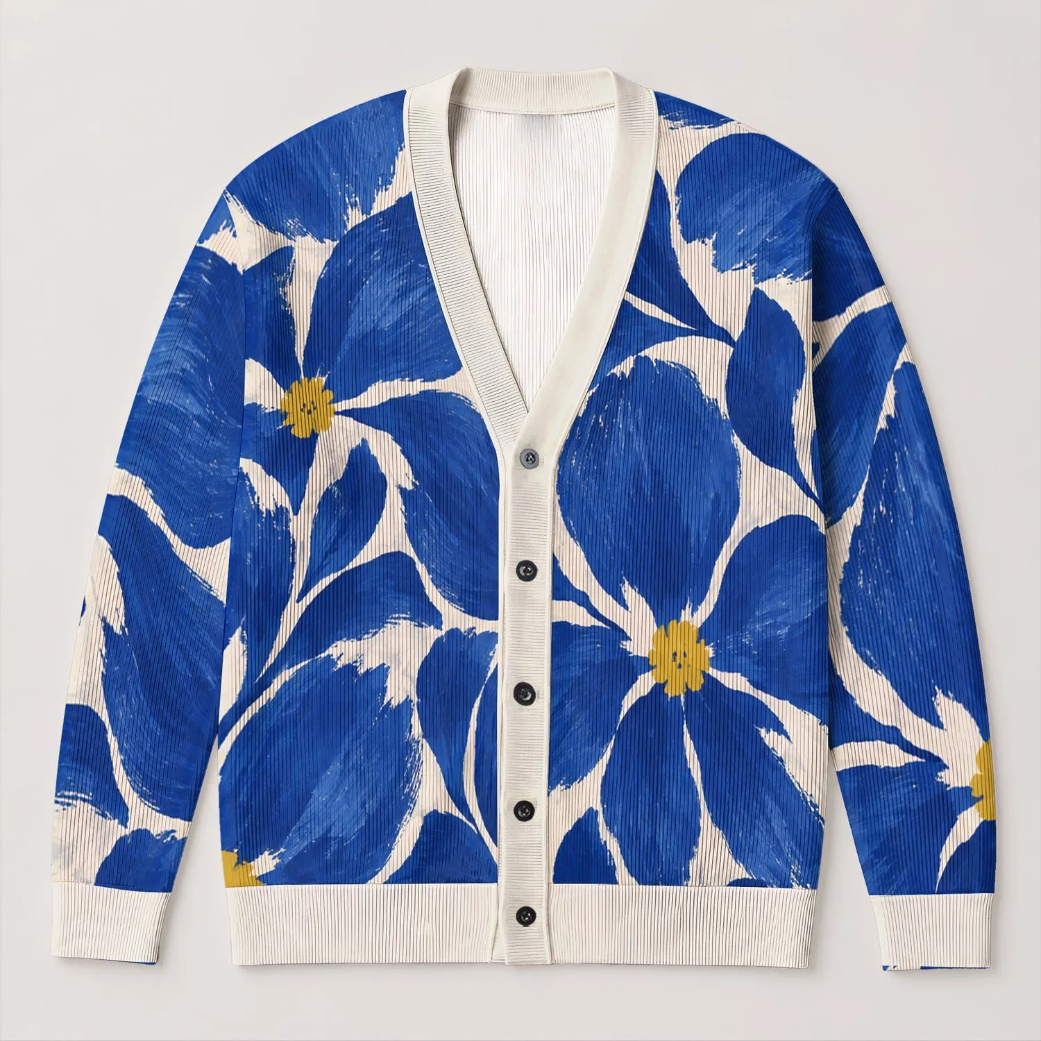 Cobalt Blue Floral Layering Style for Spring Autumn Women Everyday Casual Wardrobe All-over Print Knitted Cardigan - 1