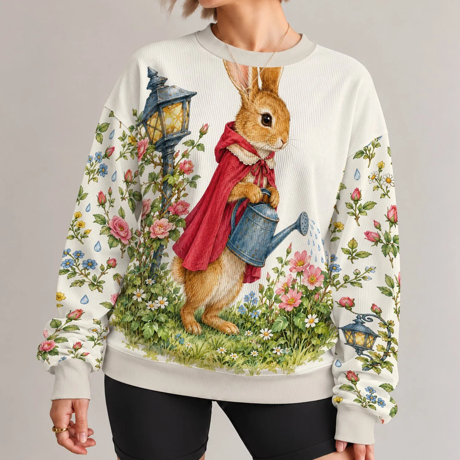 Storybook Rabbit Gardener With Watering Can for Whimsical Cottagecore Everyday Style All-over Print Knitted Sweater - 1