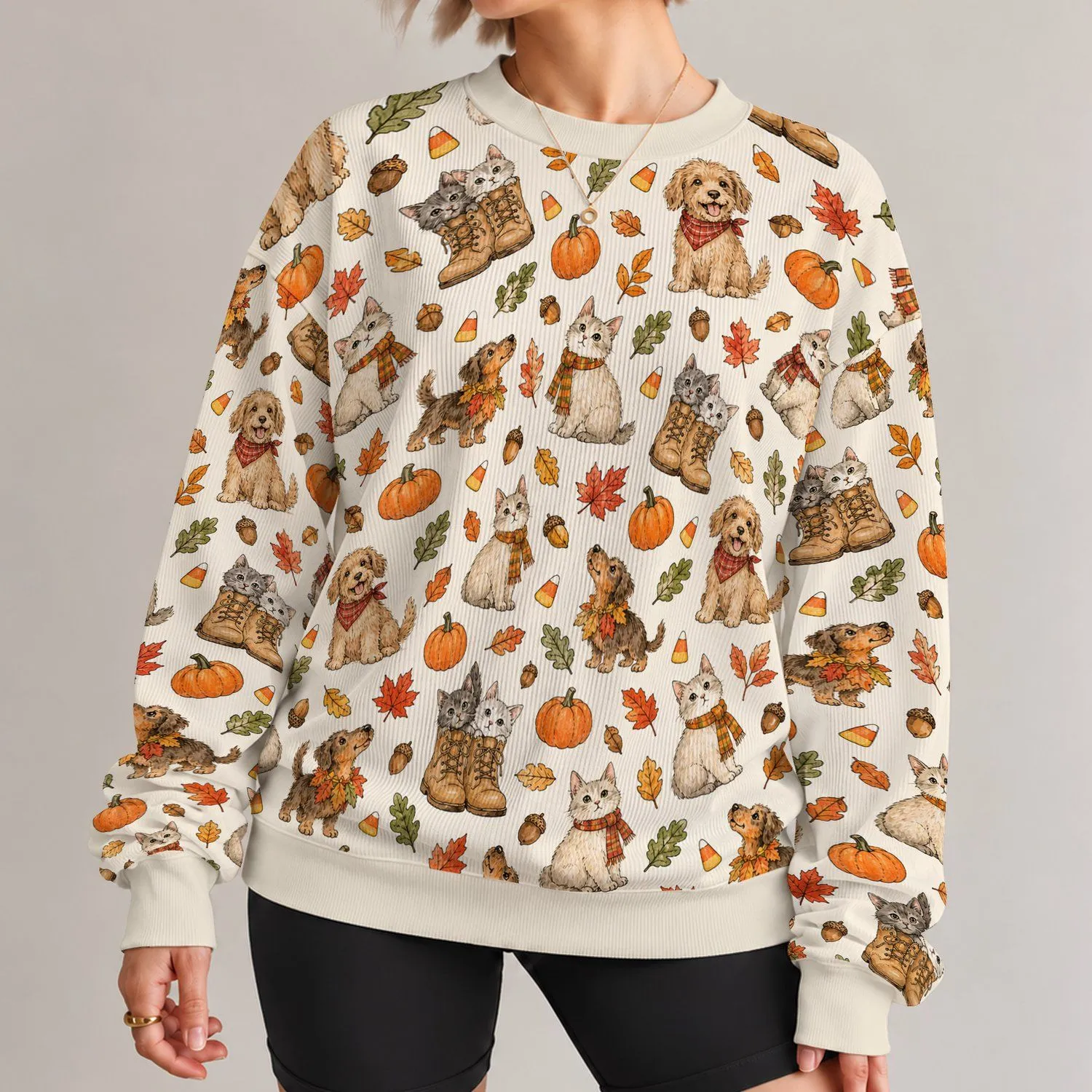 Autumn Dogs and Cats, Cozy Pet Lover Style for Fall Outings and Everyday Wear All-over Print Knitted Sweater - 1