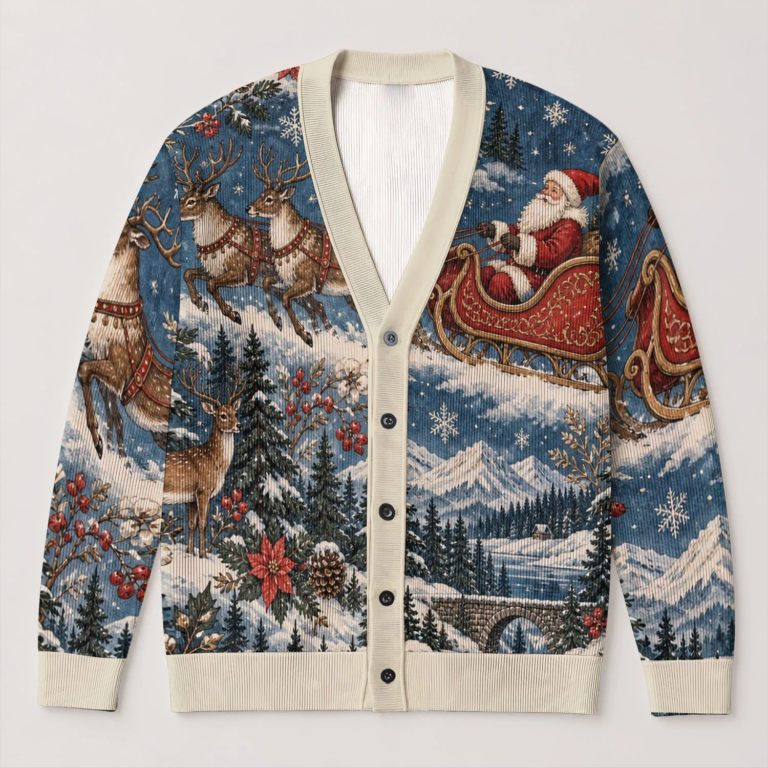 Santa Sleigh Snowy Woodland Flowers For Cozy Holiday Layering Gift For Women All-over Print Knitted Cardigan - 1