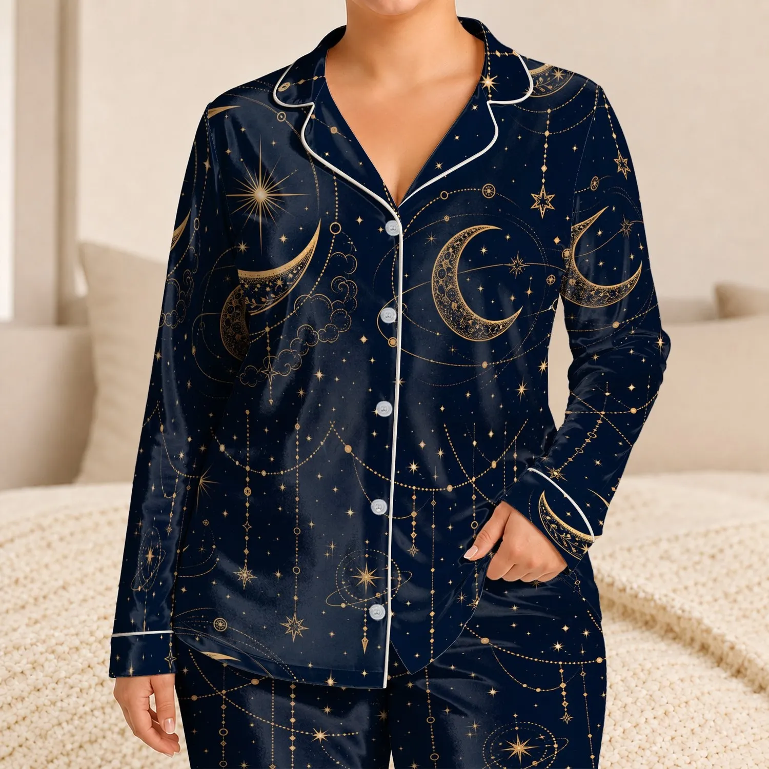 Midnight Navy Moon And Star Celestial Theme For Cozy Romantic Nights At Home Decor Satin Pajamas Set - 1